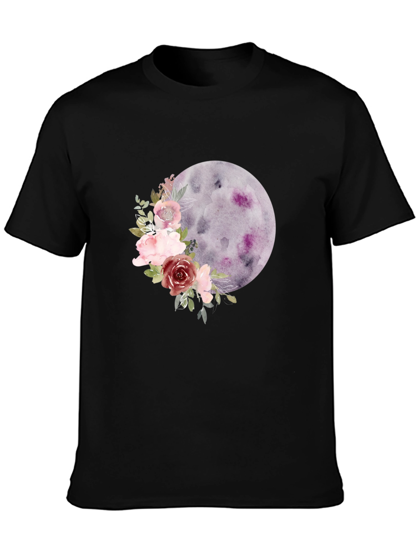 Floral Moon Graphic Tee - Black Casual T-Shirt