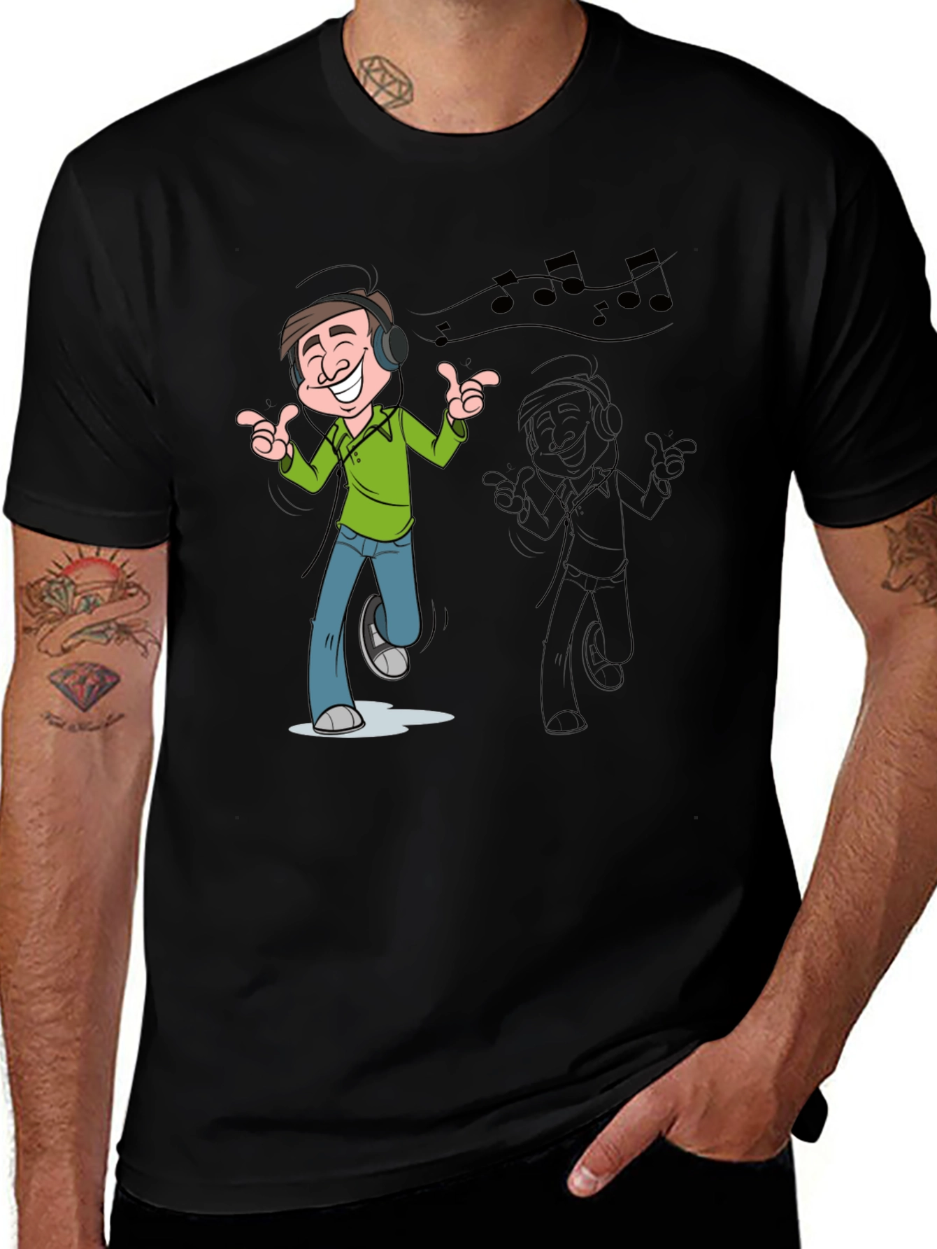 Cartoon Mans Music T-Shirt - Black