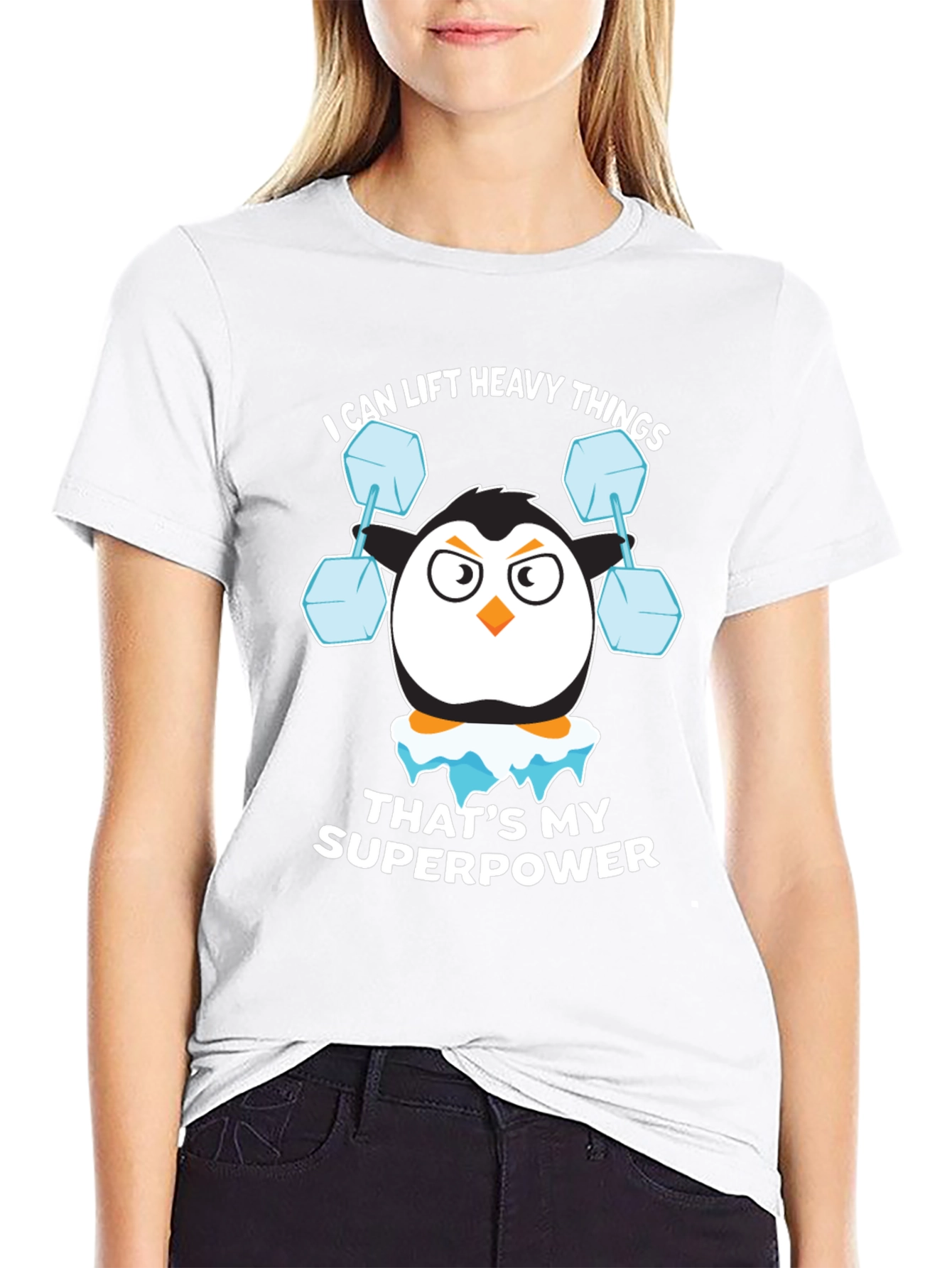 Penguin Lifting Weights Funny T-Shirt