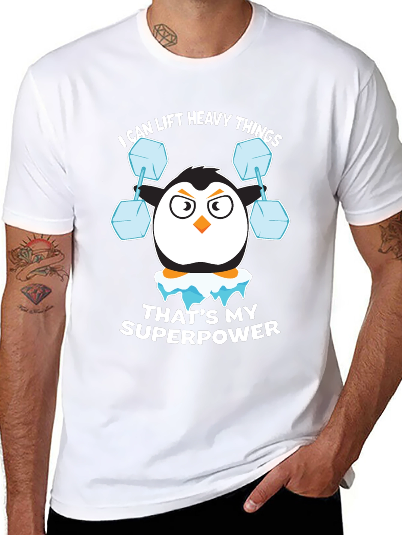 Penguin Lifting Weights Funny T-Shirt