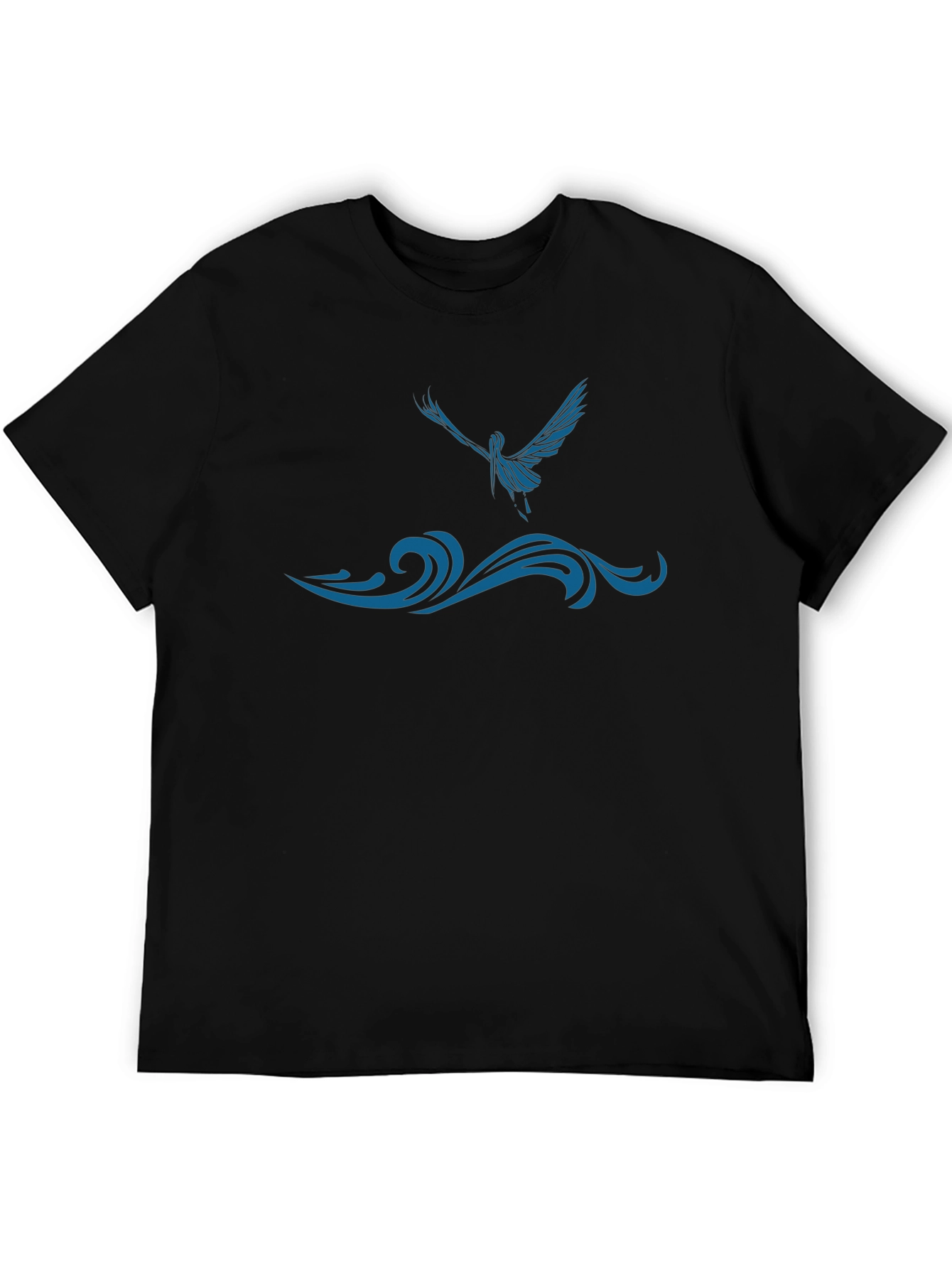 Black T-Shirt with Blue Bird and Wave Design