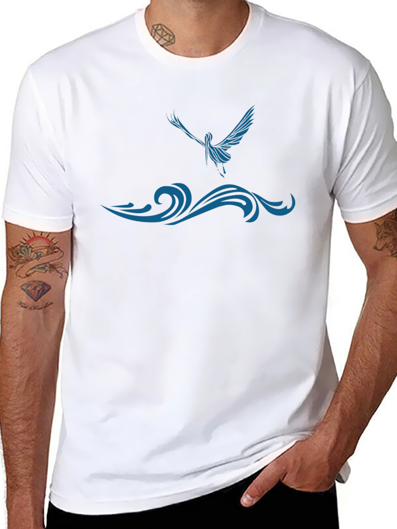 Black T-Shirt with Blue Bird and Wave Design