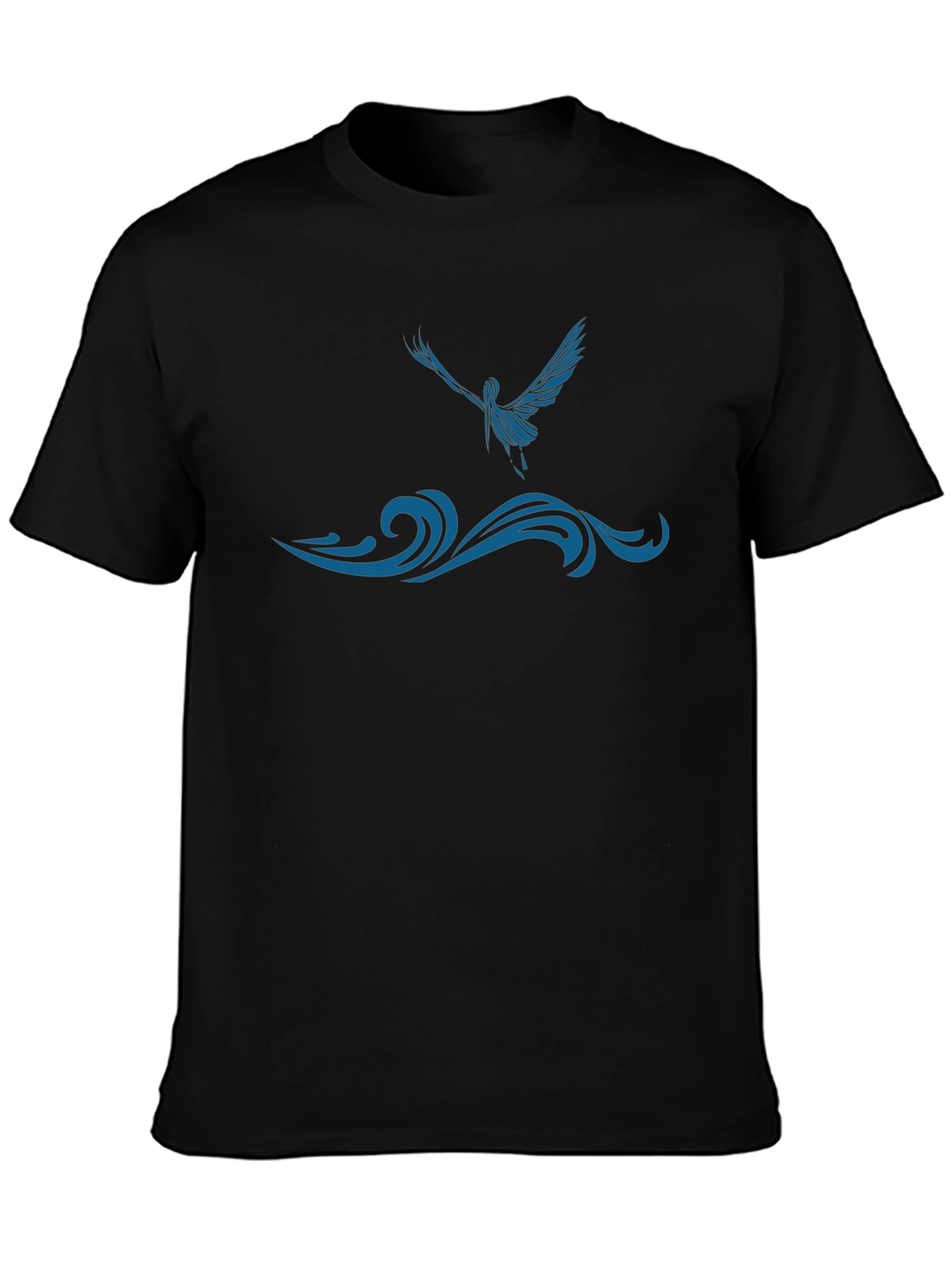 Black T-Shirt with Blue Bird and Wave Design