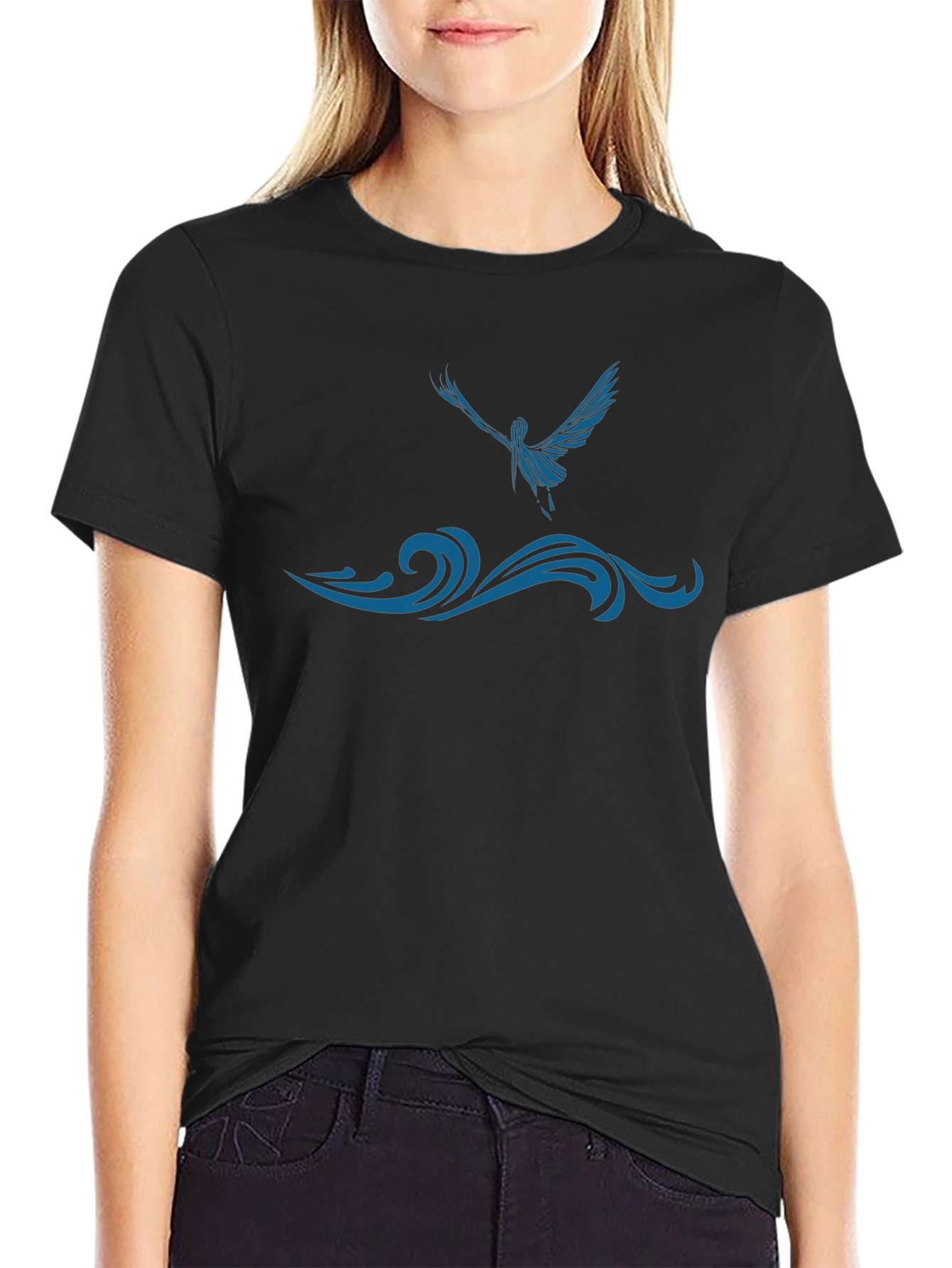 Black T-Shirt with Blue Bird and Wave Design