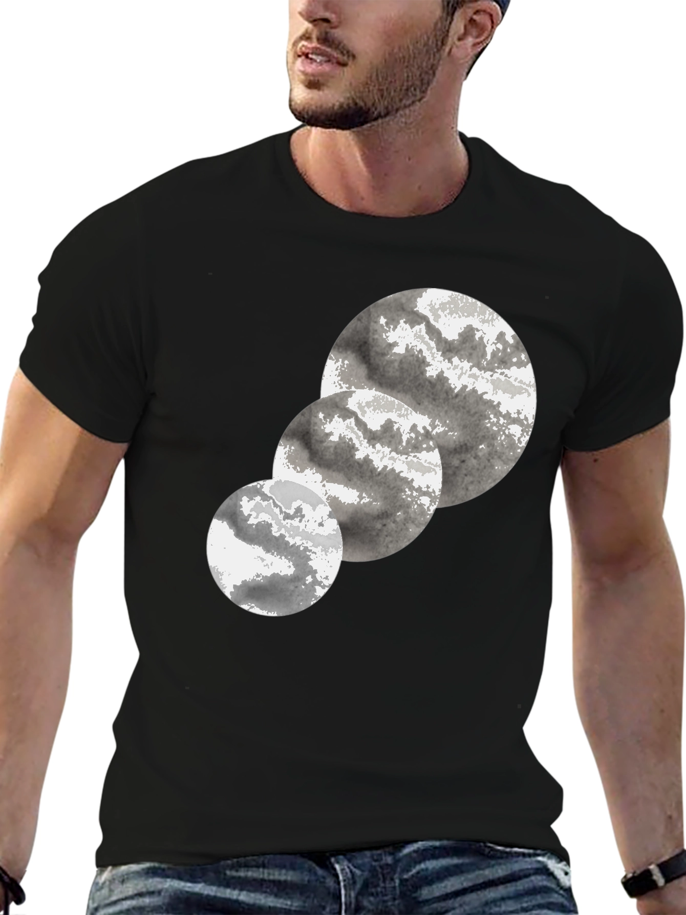 Abstract Three-Circle Graphic Tee - Black Cotton Casual T-Shirt