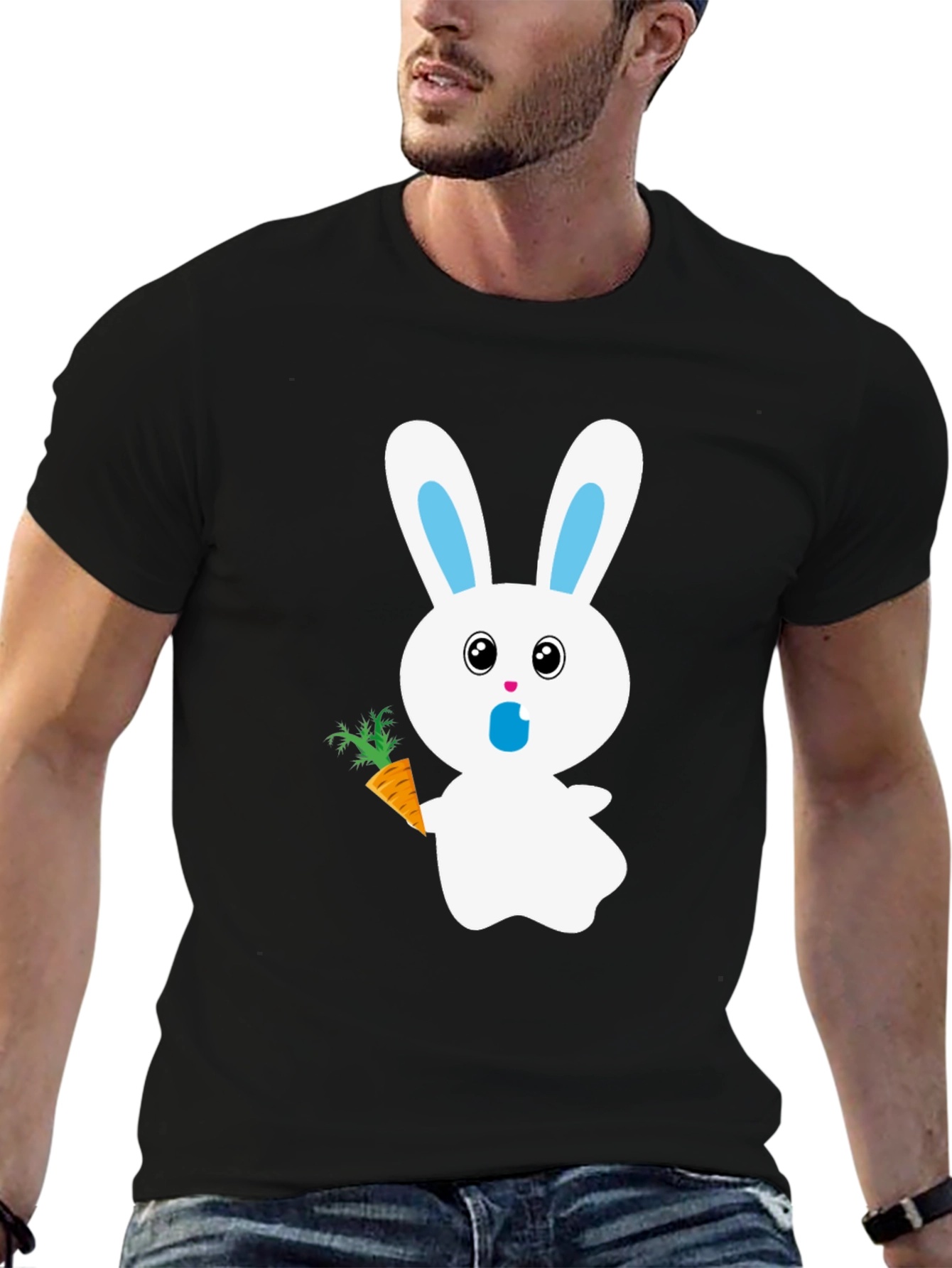 Bunny with Carrot Graphic Tee - Black Cotton T-Shirt