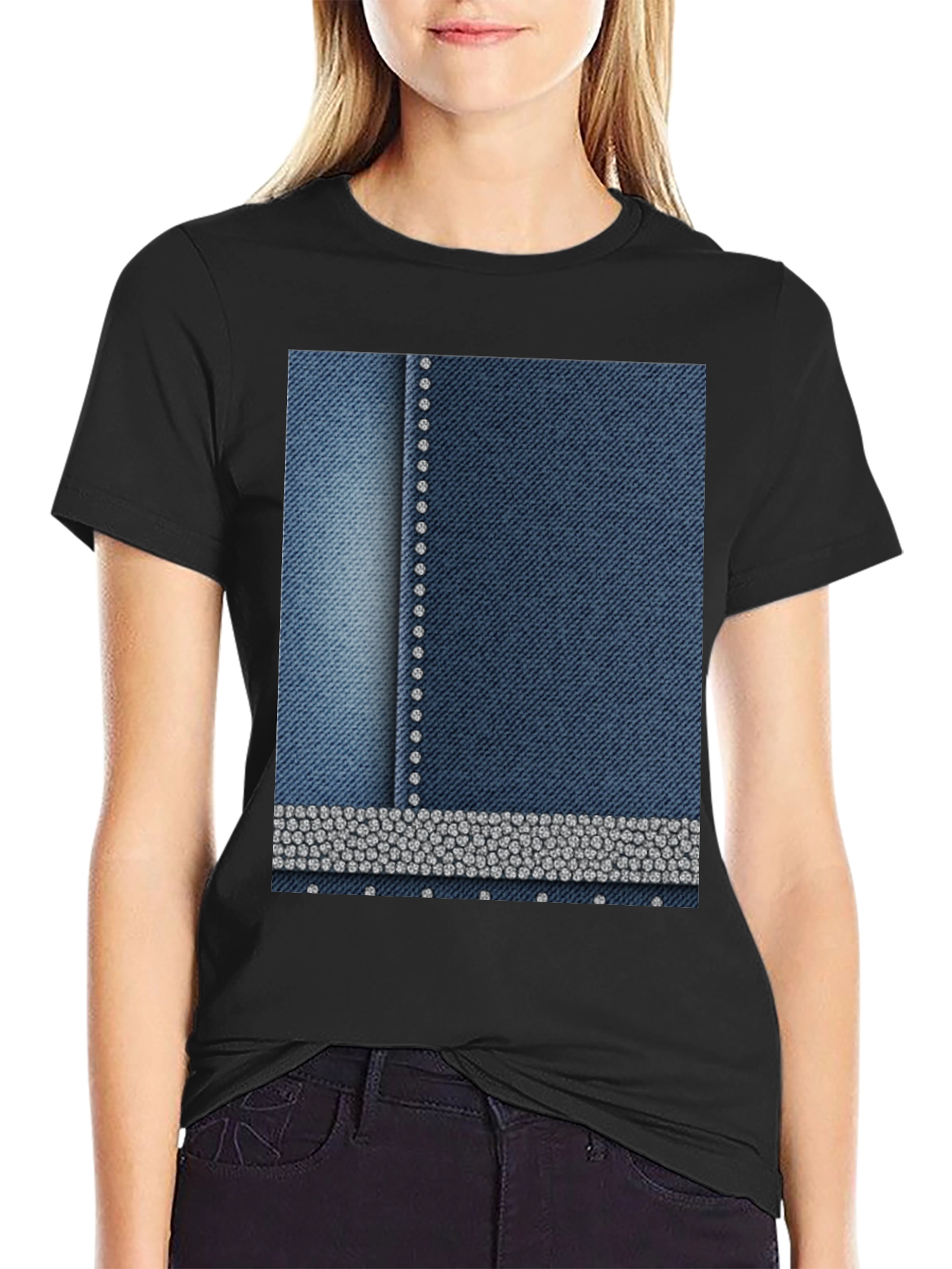 Denim Style T-Shirt with Rhinestone Detail