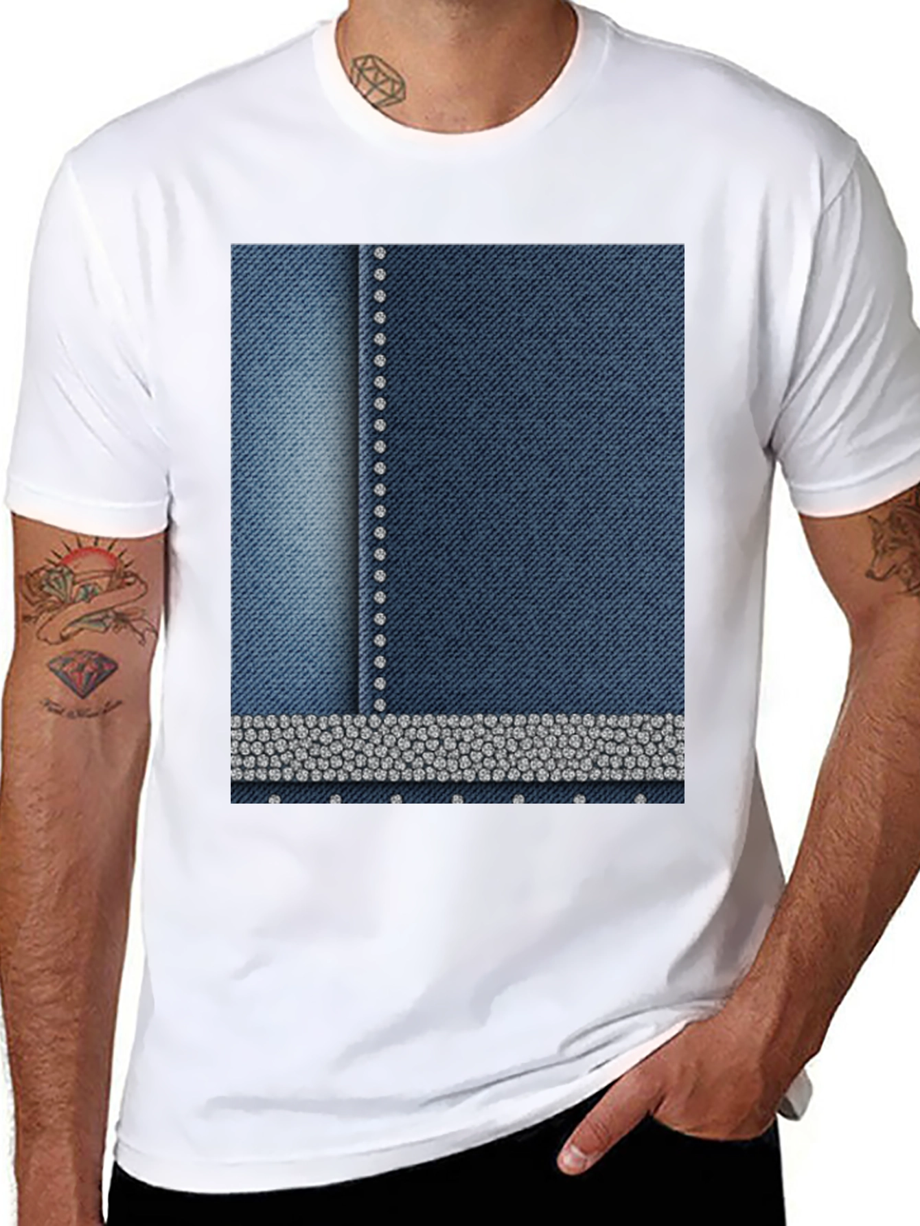 Denim Style T-Shirt with Rhinestone Detail