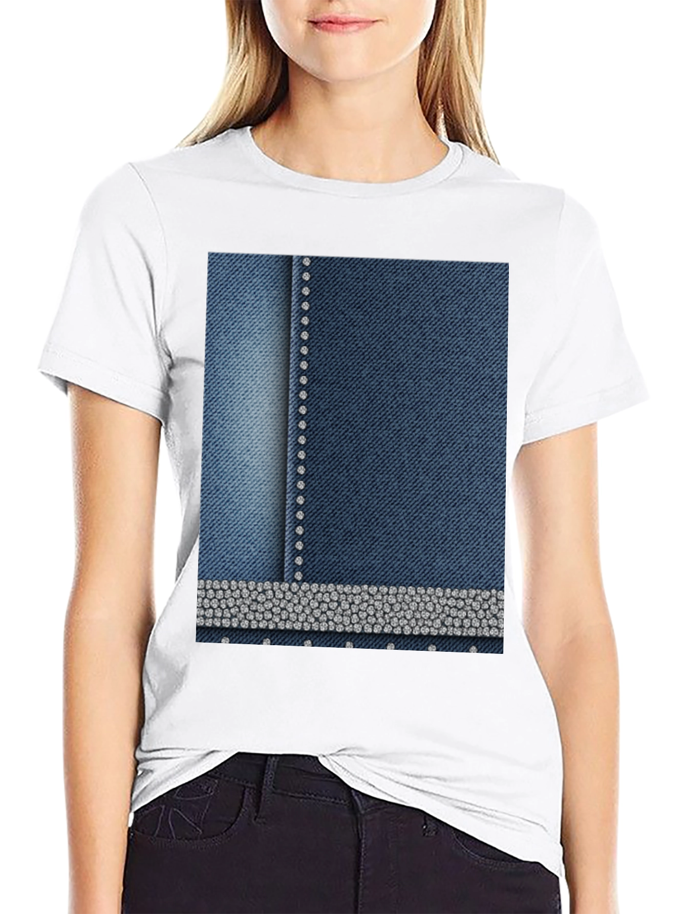 Denim Style T-Shirt with Rhinestone Detail