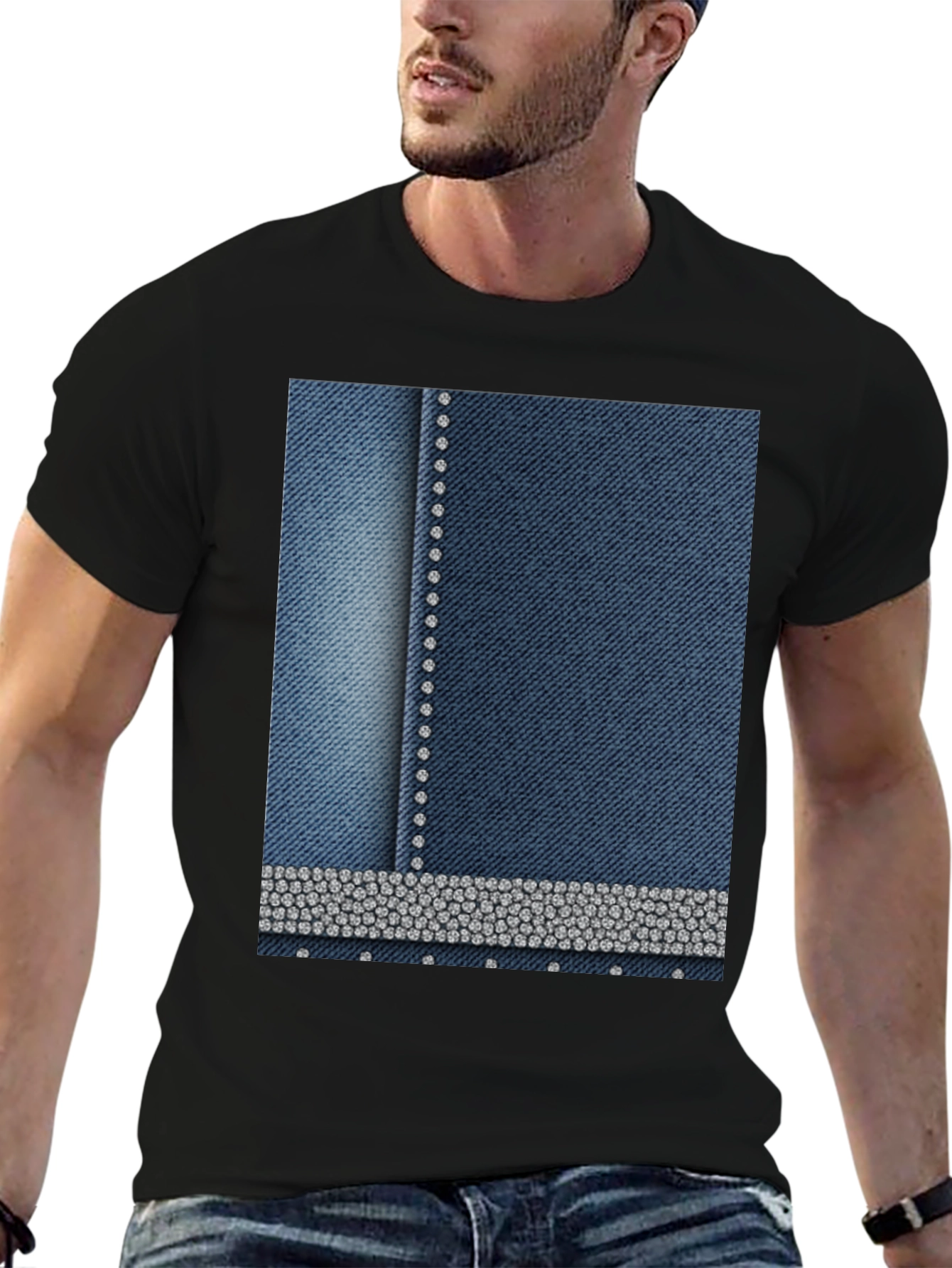 Denim Style T-Shirt with Rhinestone Detail