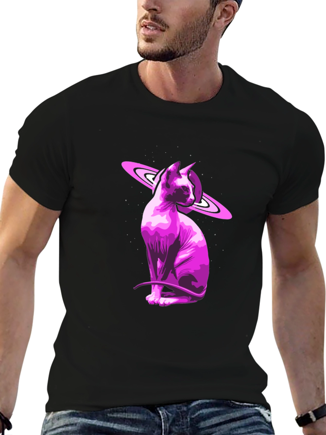 Cosmic Sphynx Cat Graphic Tee - Black