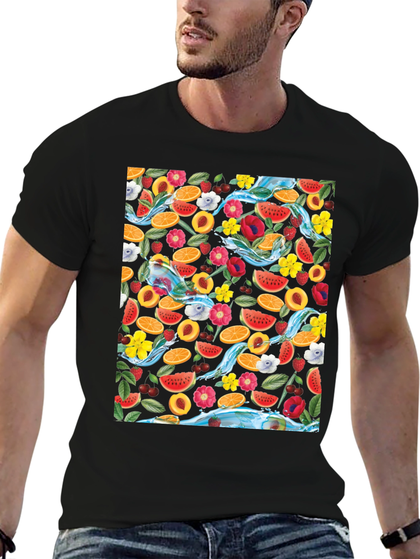 Fruit & Floral Print Black T-Shirt