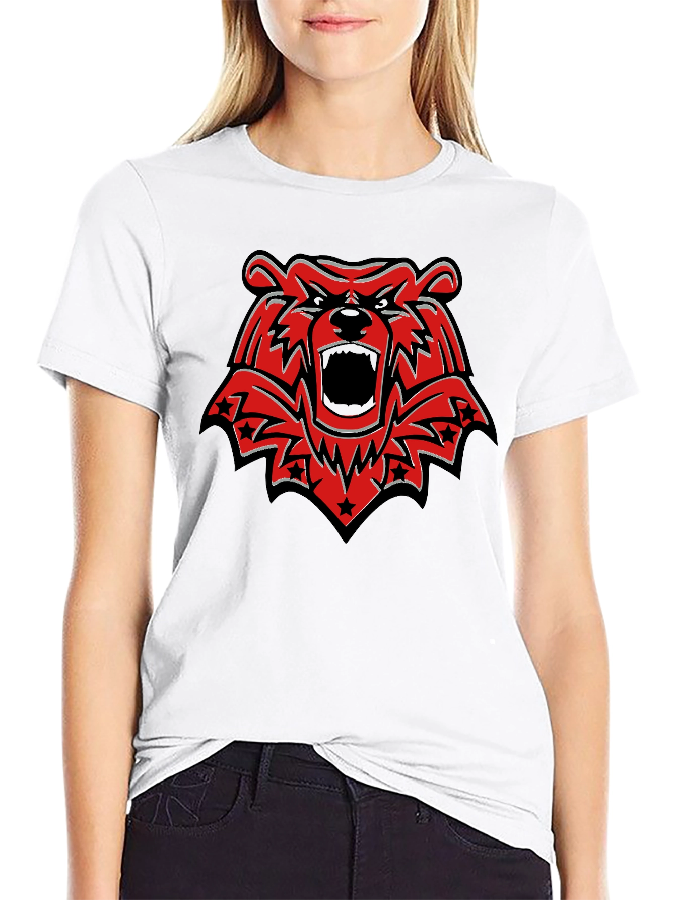 Black T-Shirt with Red Grizzly Bear Graphic