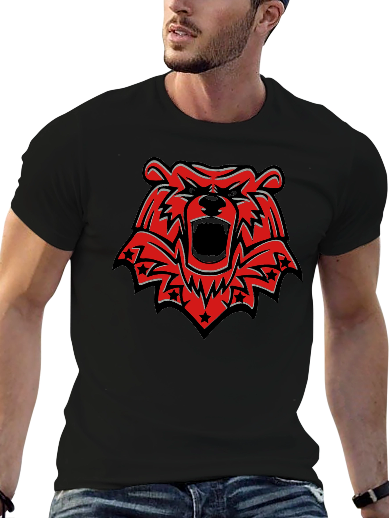 Black T-Shirt with Red Grizzly Bear Graphic