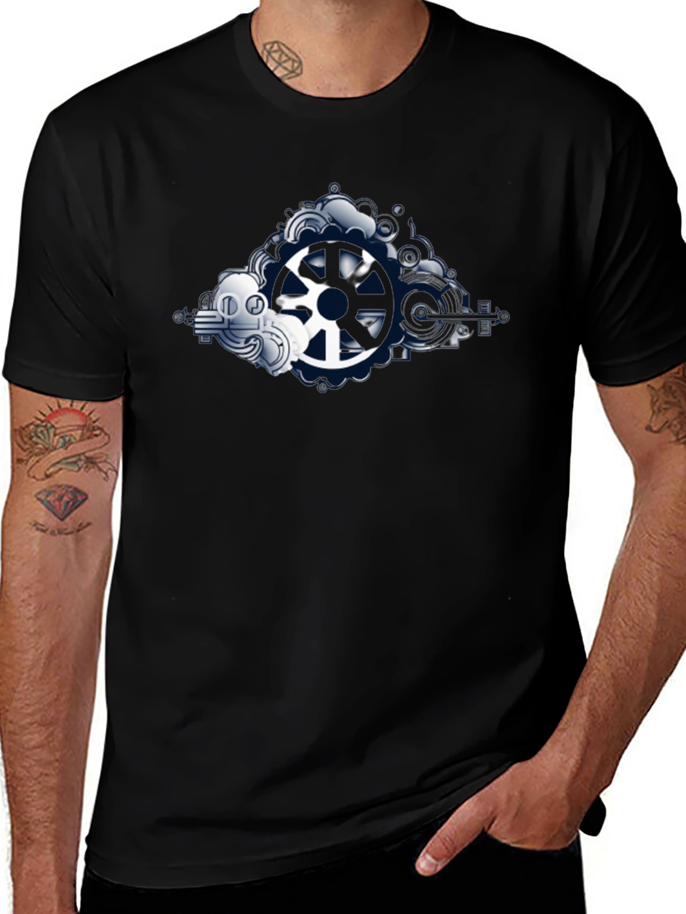 Steampunk Gear Graphic Tee - Black Cotton Blend
