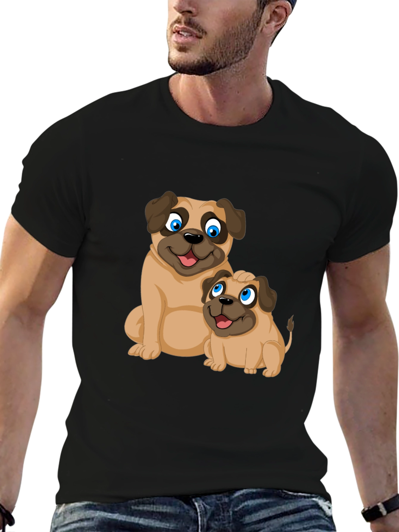 Cute Pug Graphic T-Shirt - Black Casual