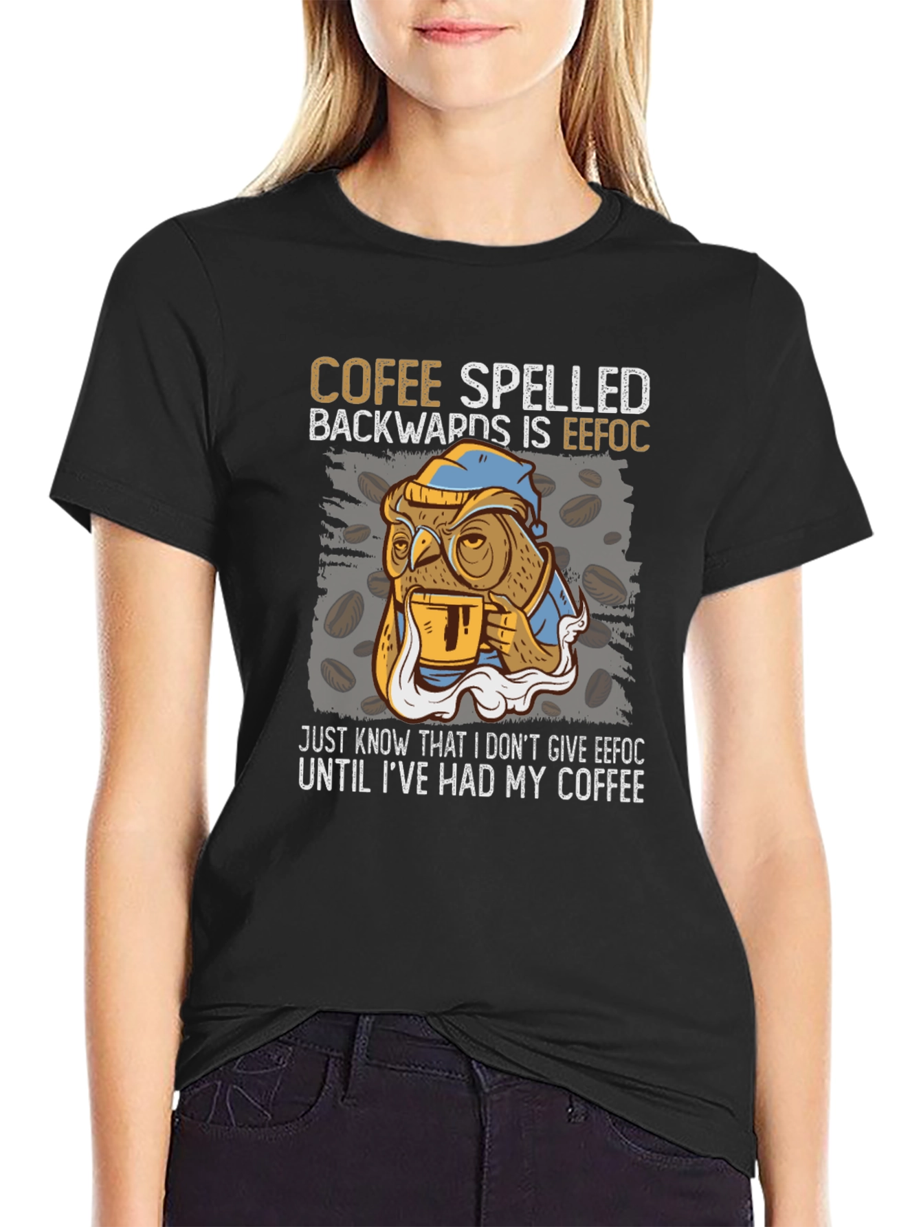 Coffee Owl T-Shirt - Cofee Spelled Backwards Novelty Tee