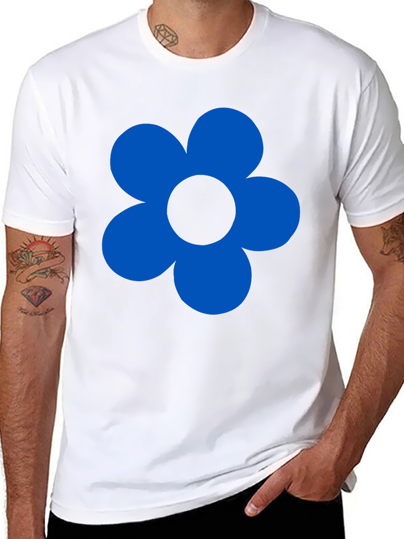 Blue Flower Graphic Black T-Shirt