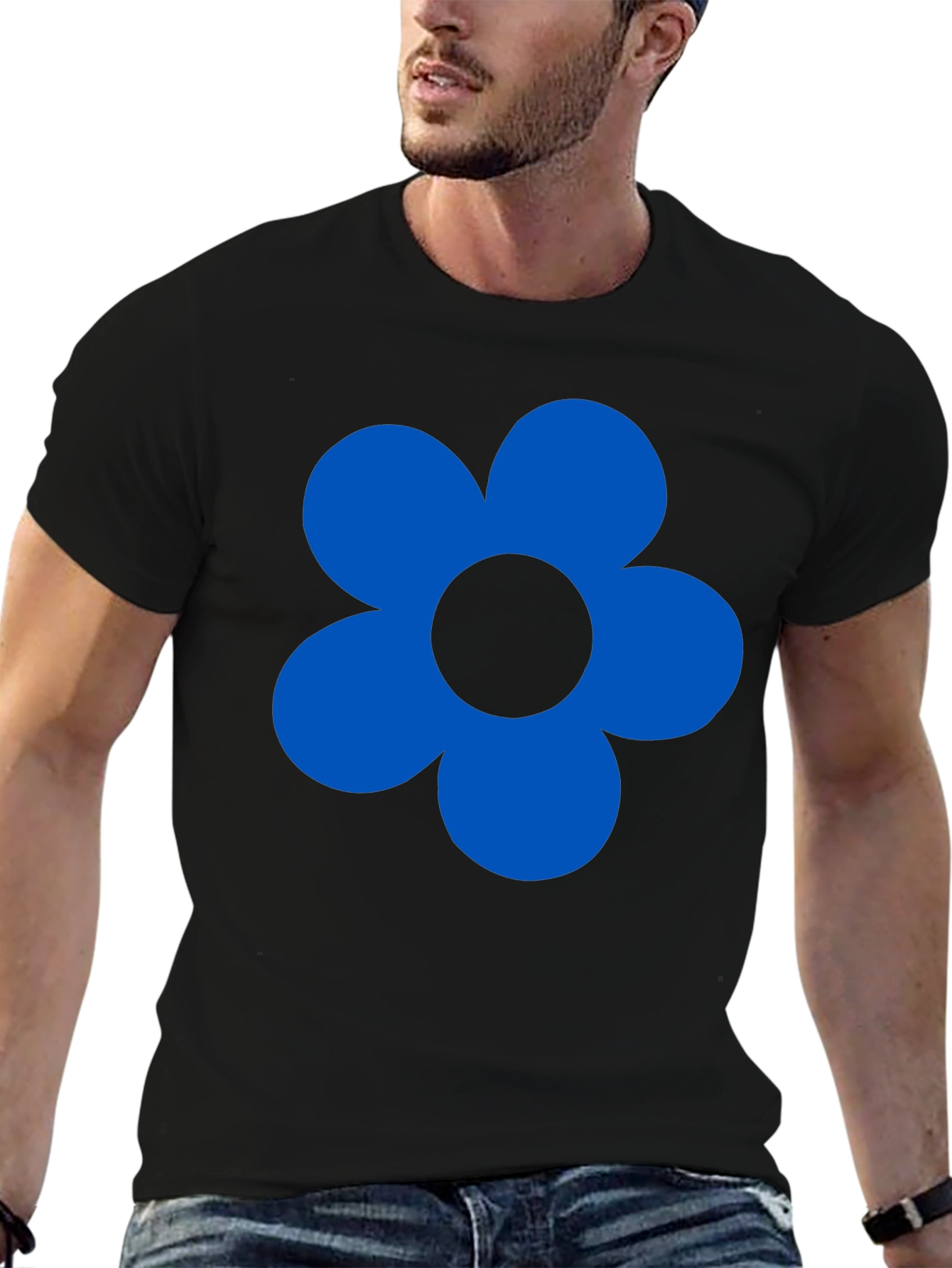 Blue Flower Graphic Black T-Shirt