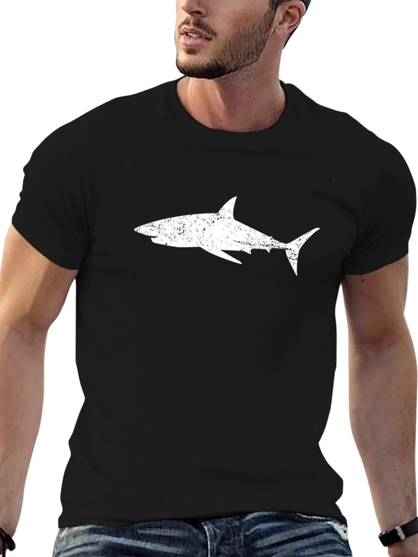 Mens Black T-Shirt with Distressed White Shark Graphic