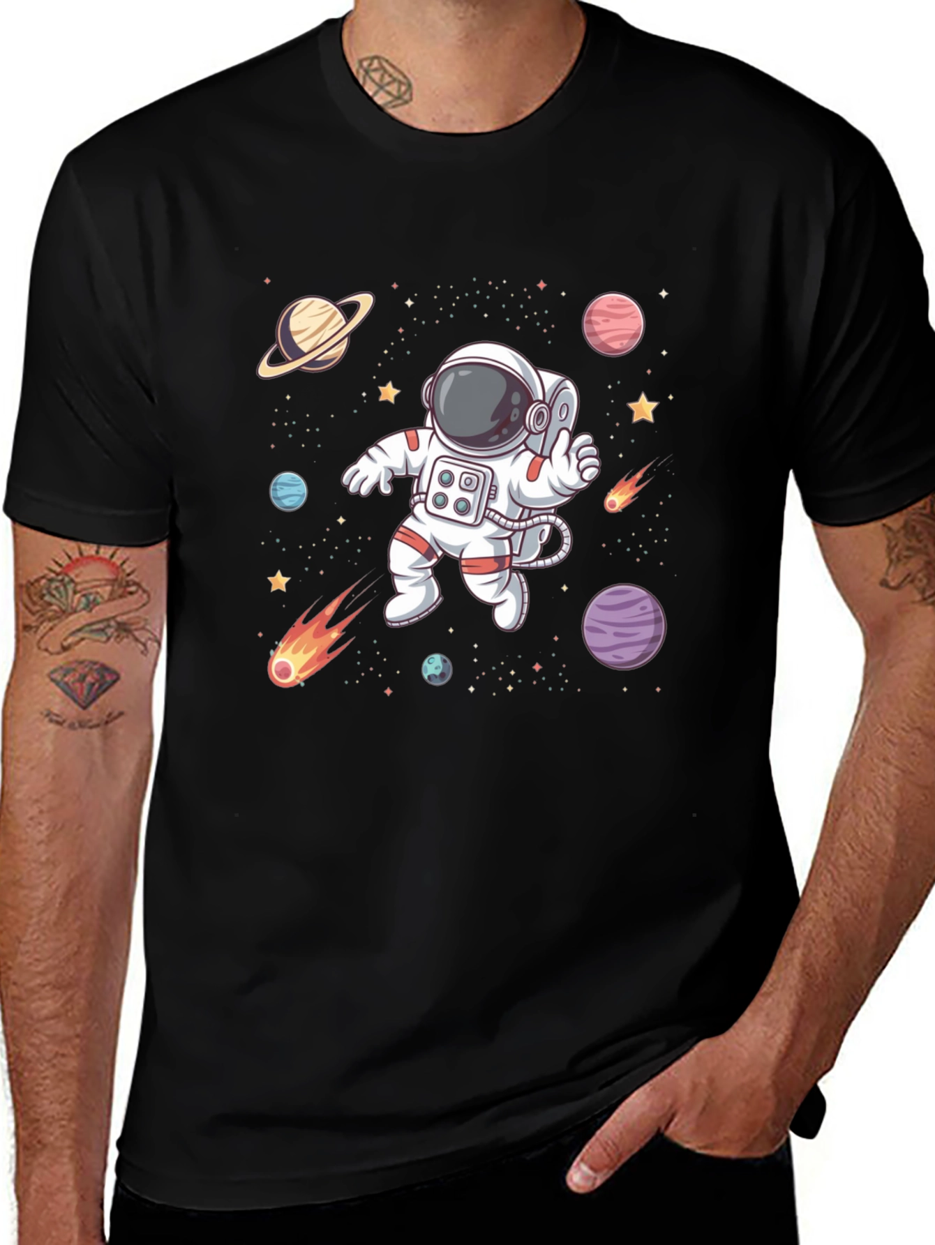 Astronaut Space T-Shirt - Black Cotton Graphic Tee