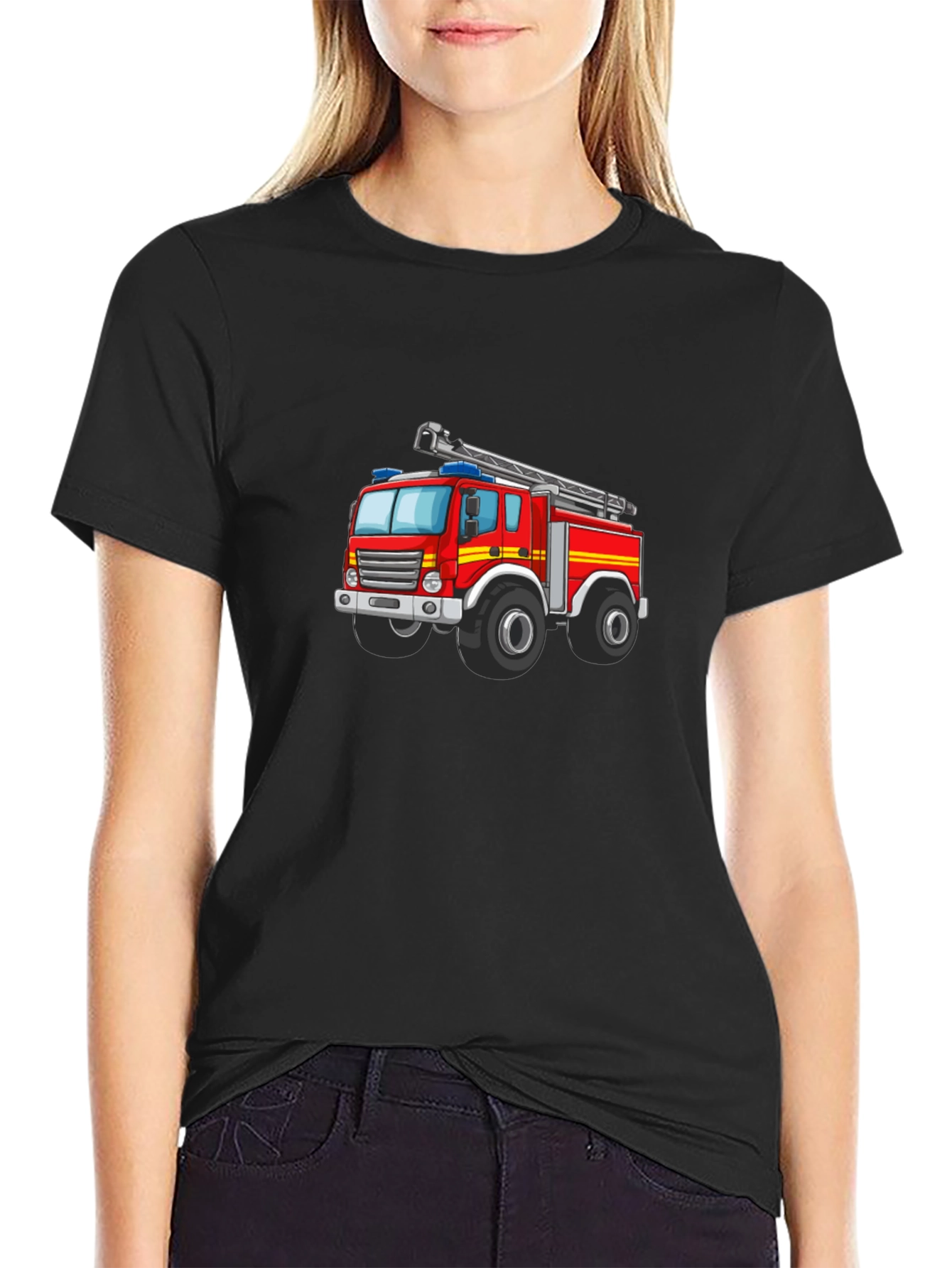 Fire Truck Graphic Tee - Black Cotton T-Shirt