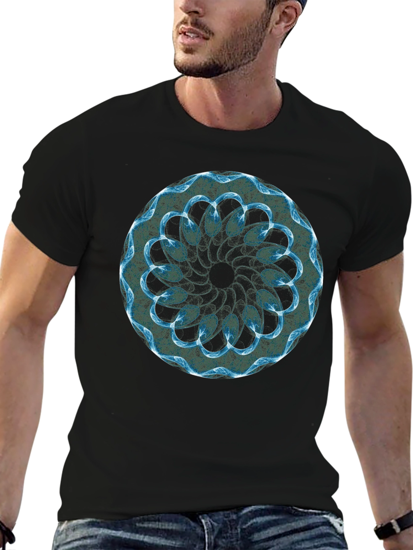 Black T-Shirt with Abstract Blue Geometric Circle Design