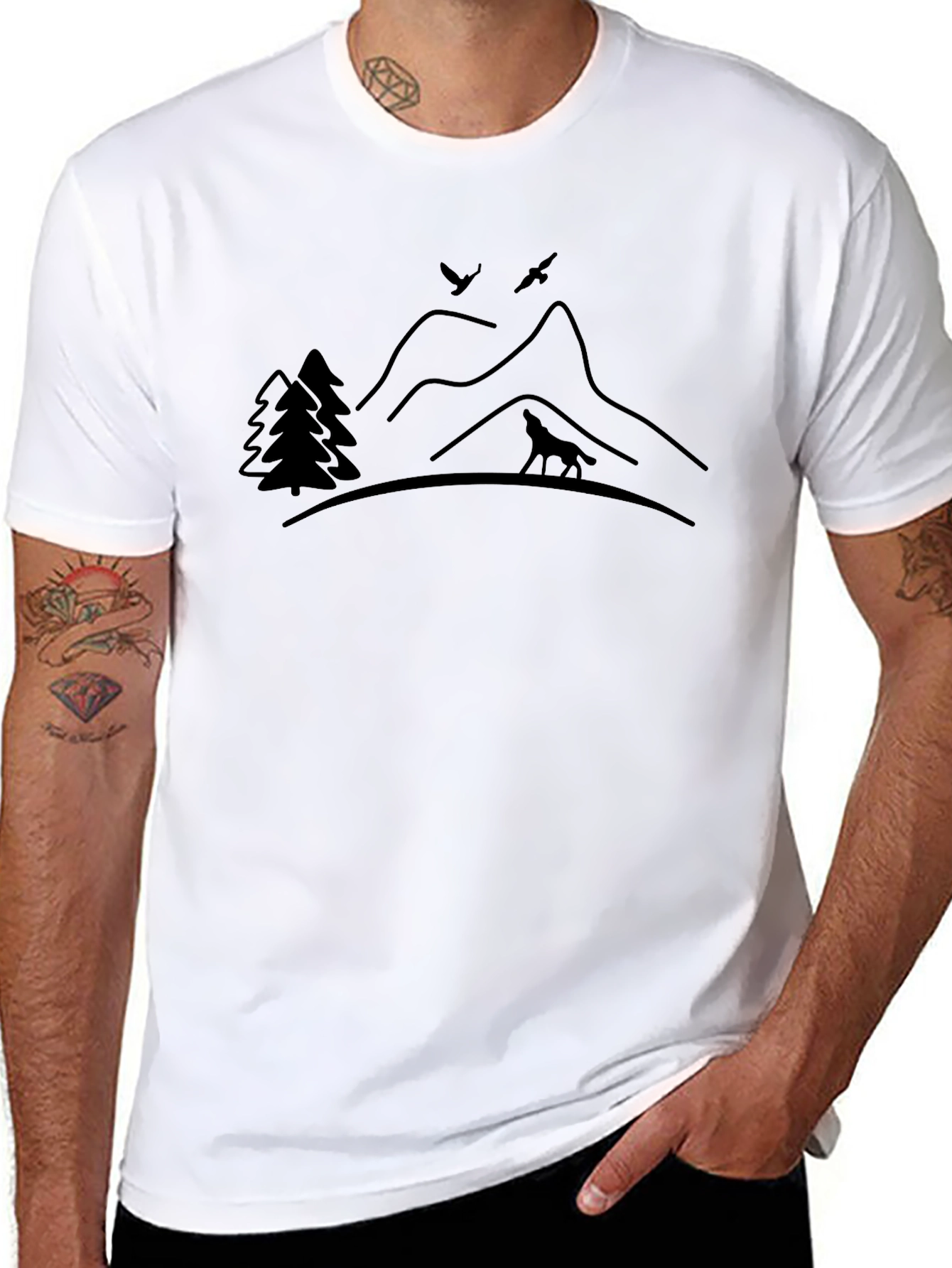 Nature Scene Graphic Tee - Wolf Mountains and Trees