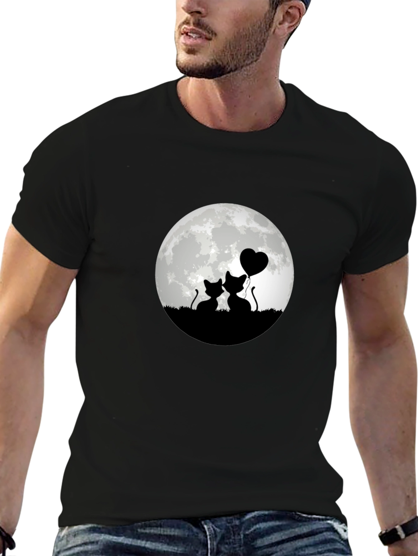 Romantic Cat Moon T-Shirt - Black