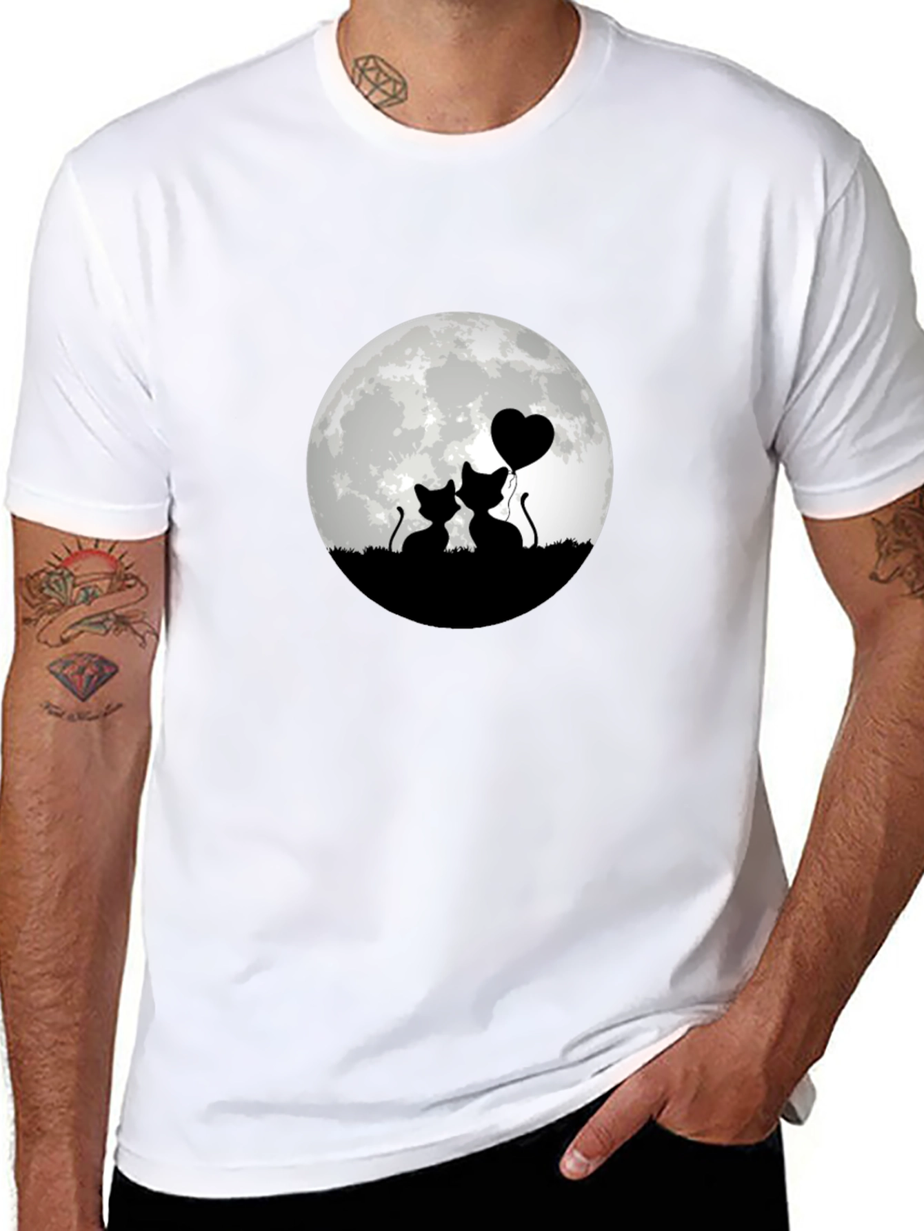 Romantic Cat Moon T-Shirt - Black