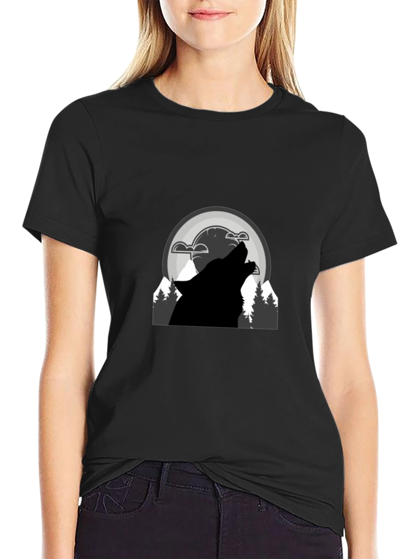 Wolf Howl Graphic T-Shirt - Black Cotton Blend