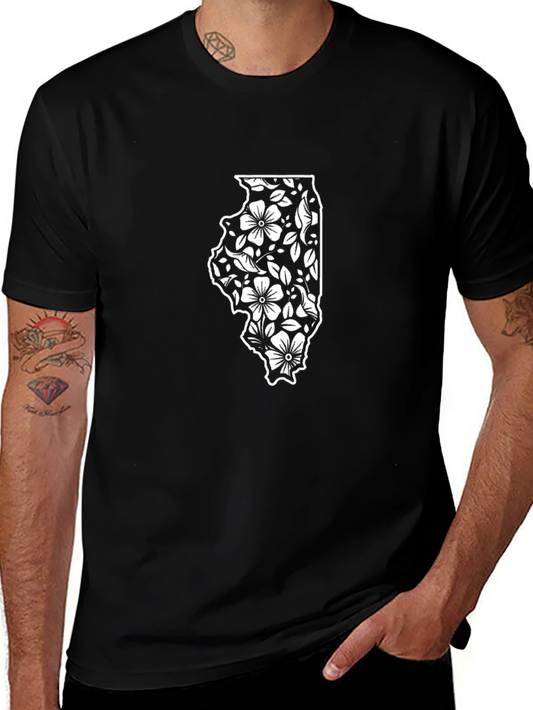 Floral Illinois State Black T-Shirt