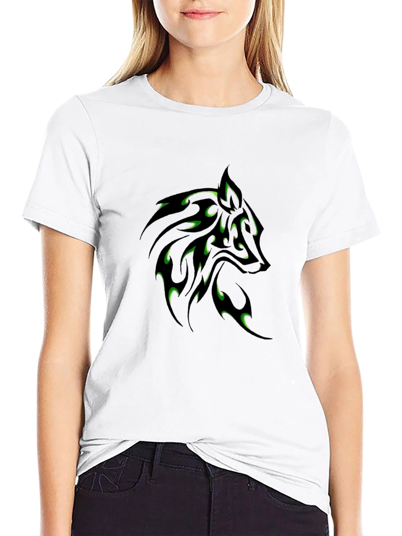 Black T-Shirt with Green Wolf Tribal Design