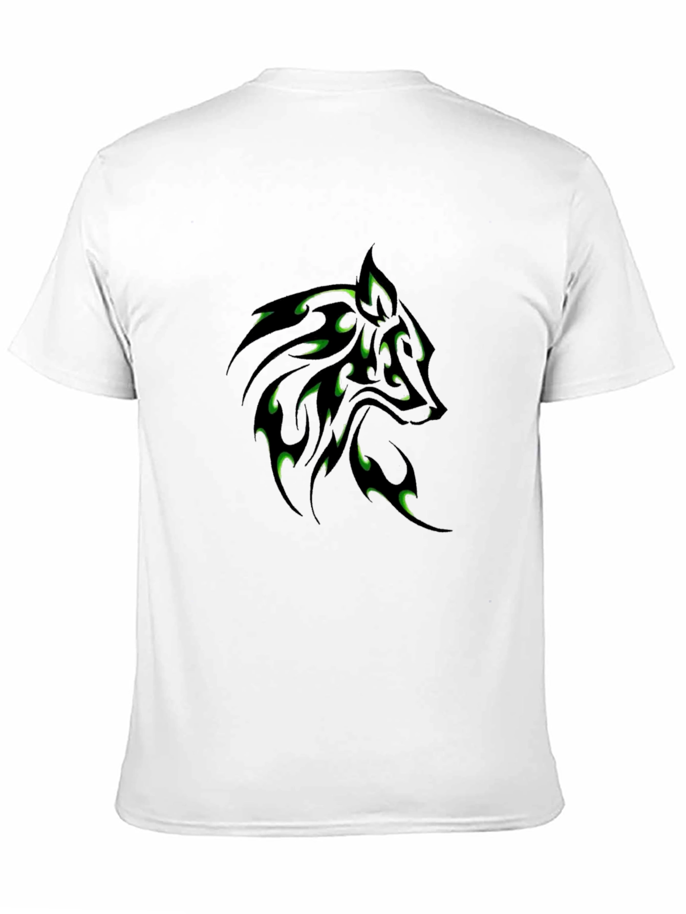 Black T-Shirt with Green Wolf Tribal Design