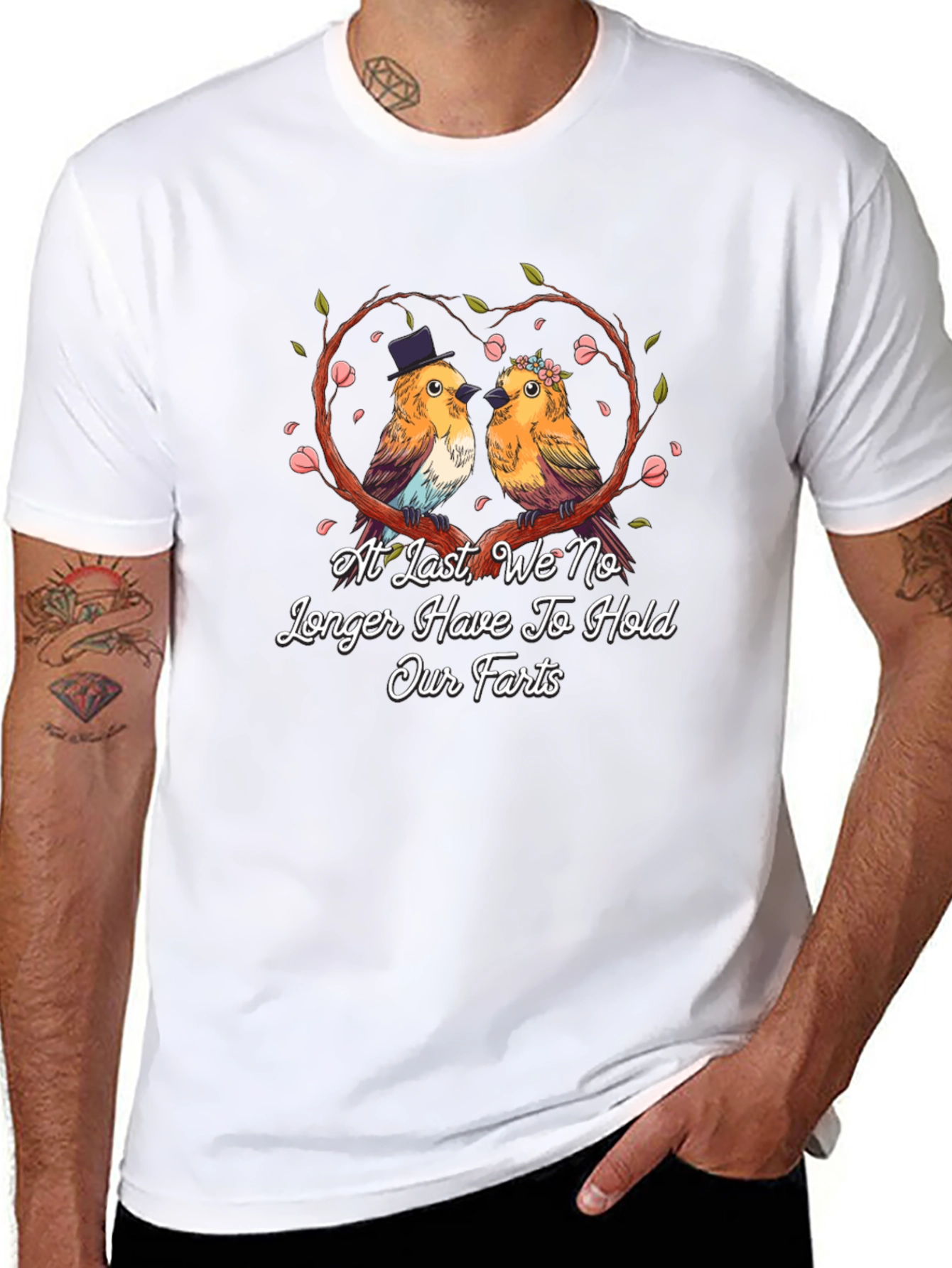 Funny Bird Couple T-Shirt: At Last No Holding Farts