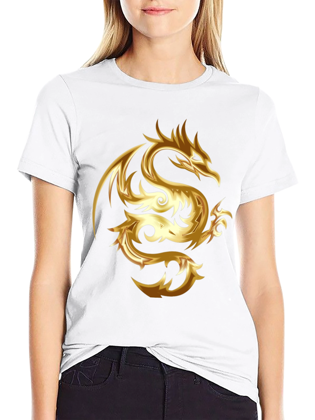 Golden Dragon Graphic Print Black T-Shirt