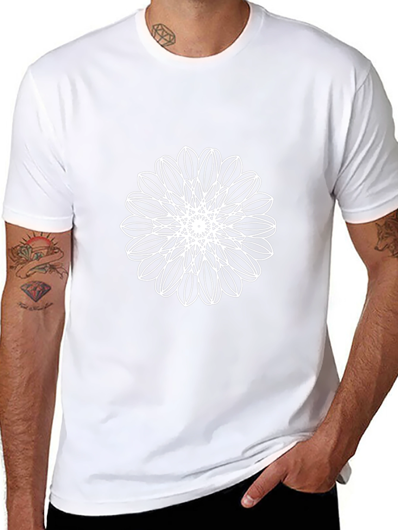 Black T-Shirt with White Floral Mandala Design