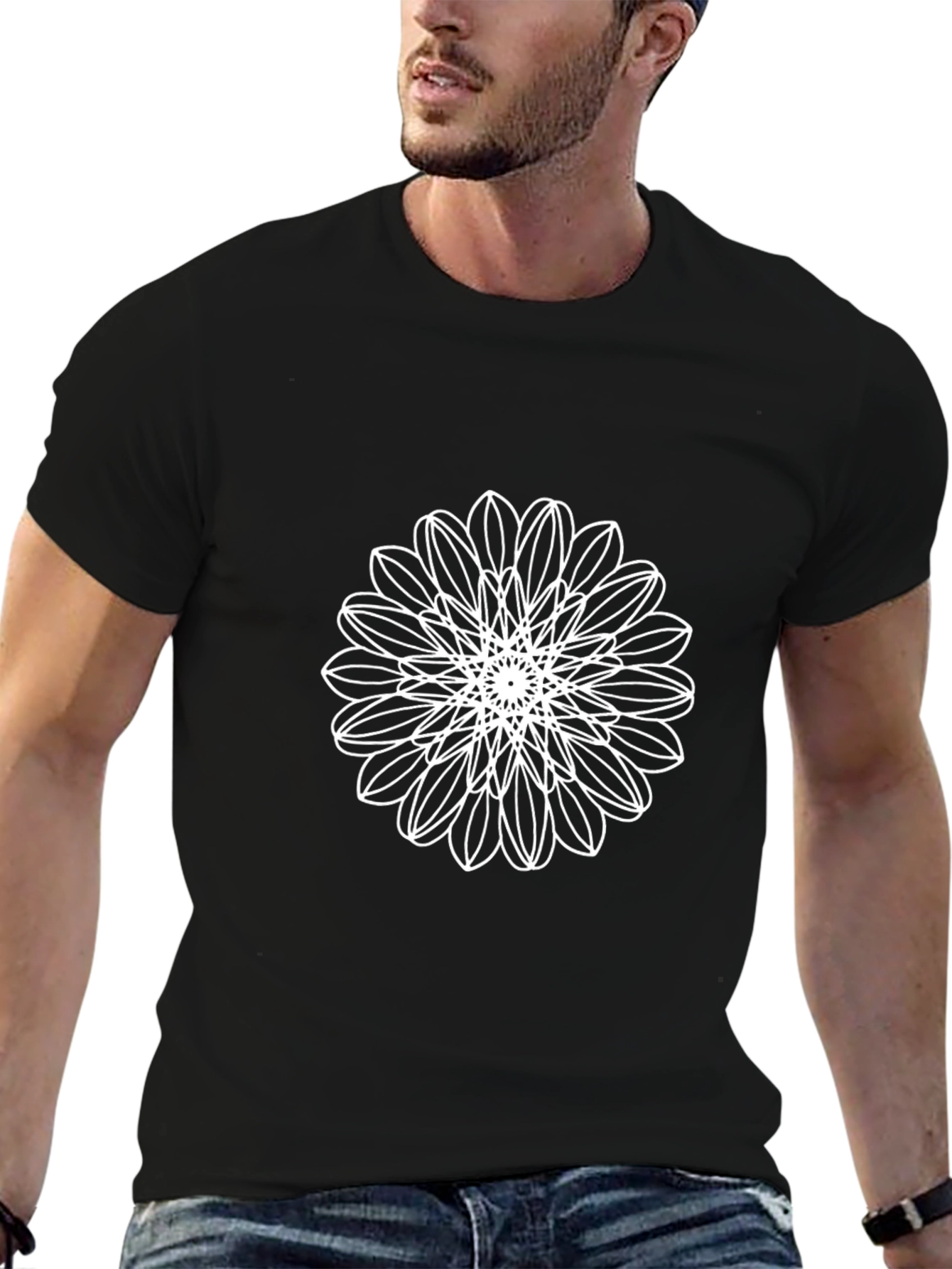 Black T-Shirt with White Floral Mandala Design