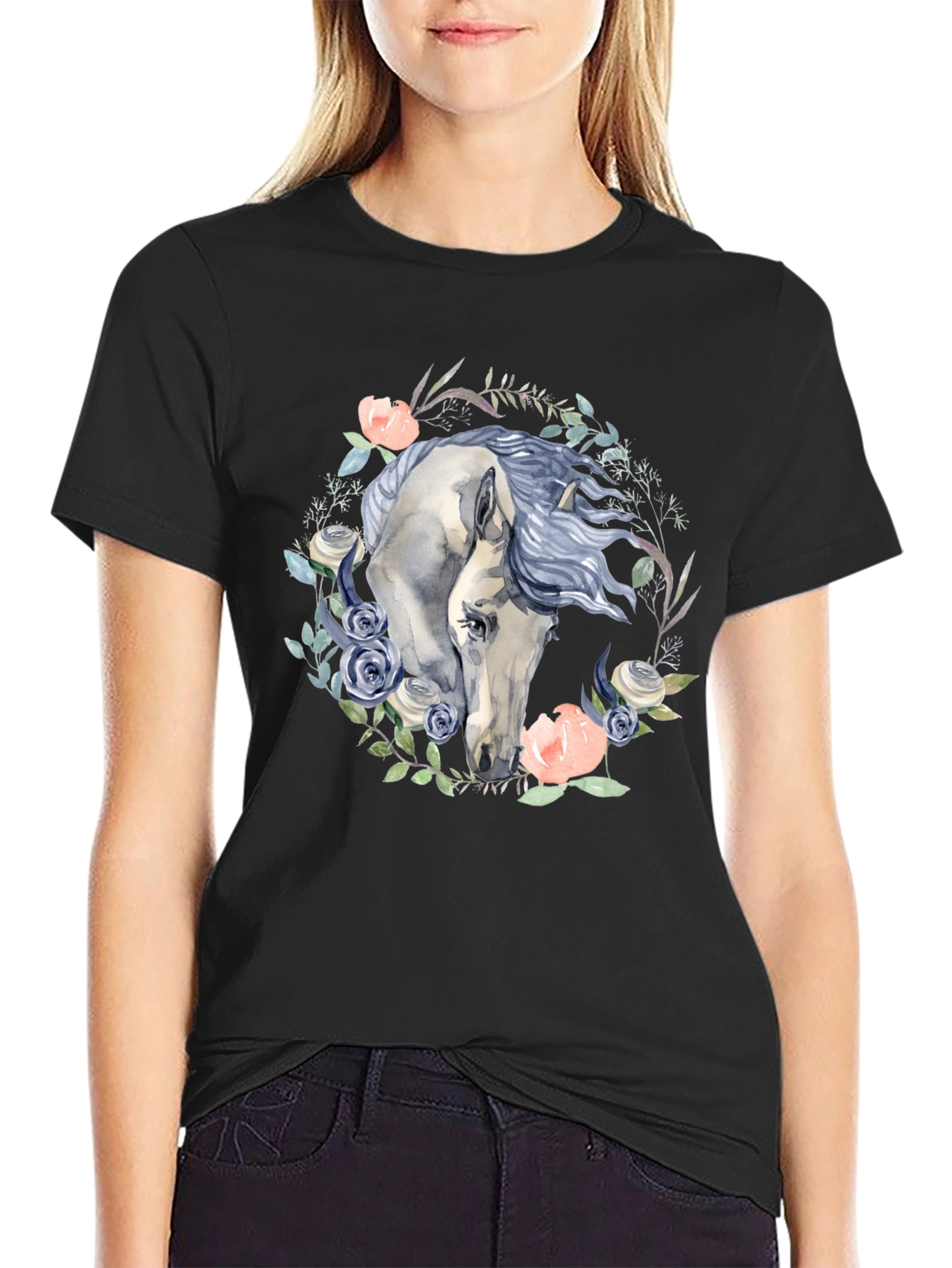 Floral Horse Graphic Tee - Black