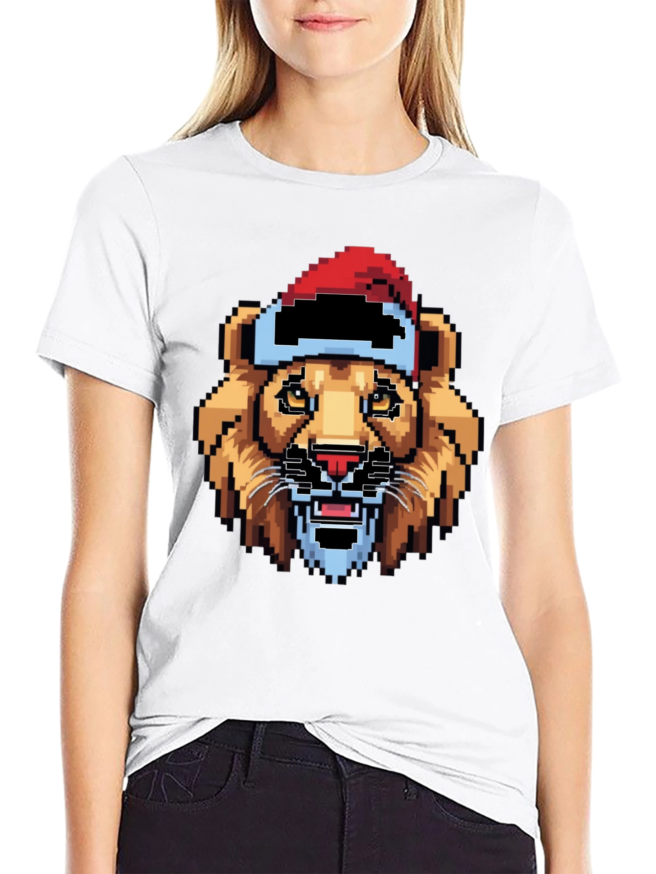 Pixel Lion Santa Hat T-Shirt - Black