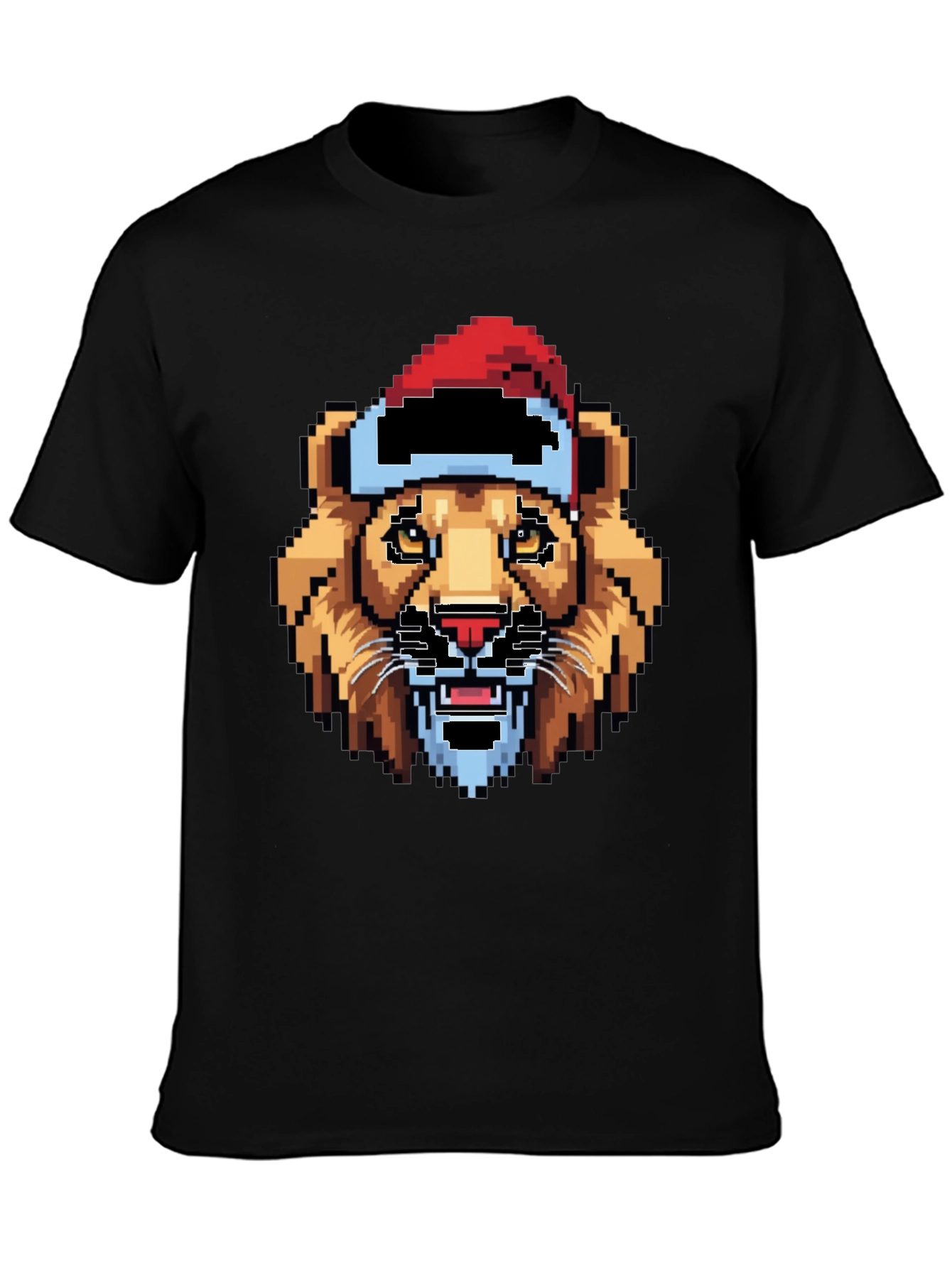 Pixel Lion Santa Hat T-Shirt - Black
