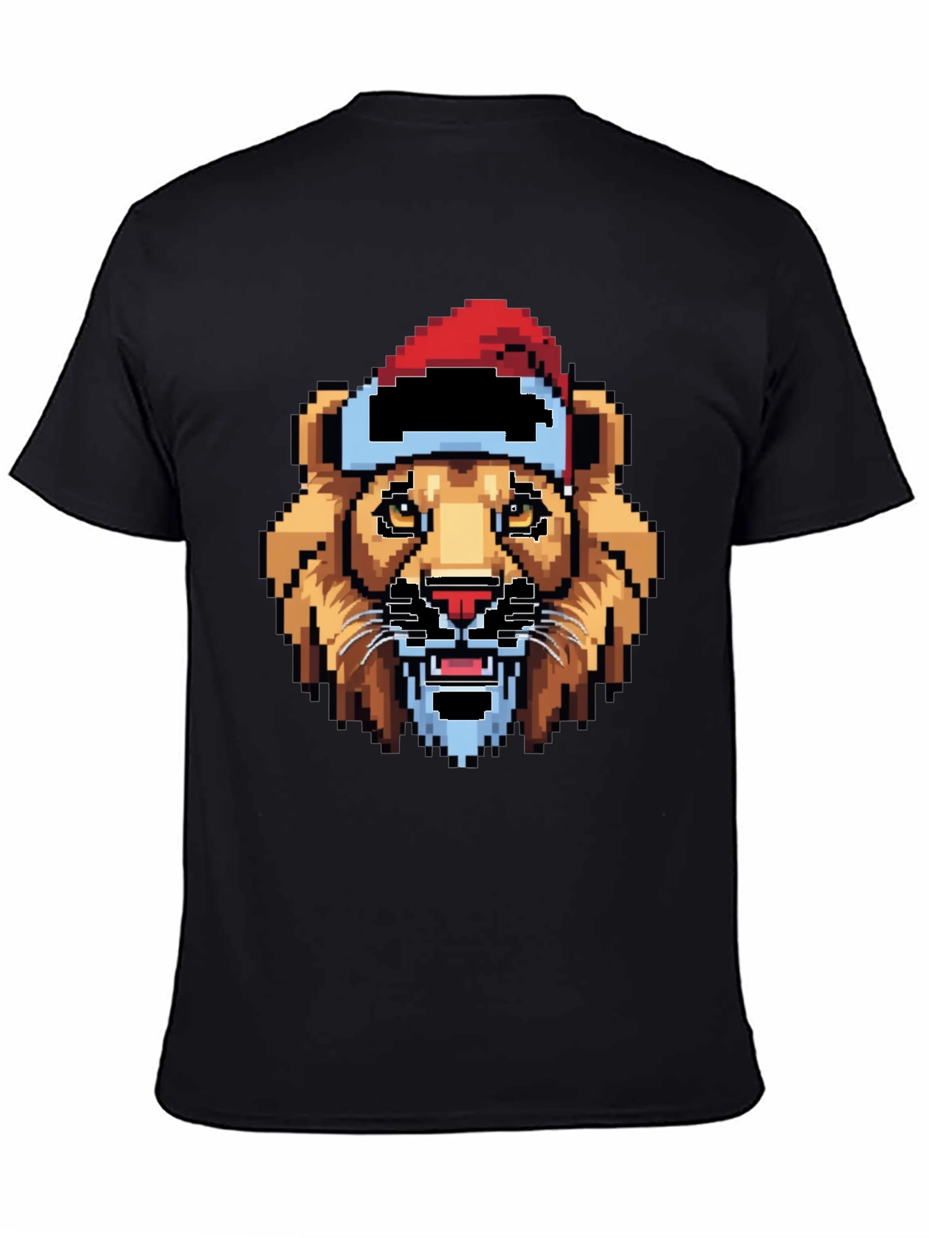 Pixel Lion Santa Hat T-Shirt - Black