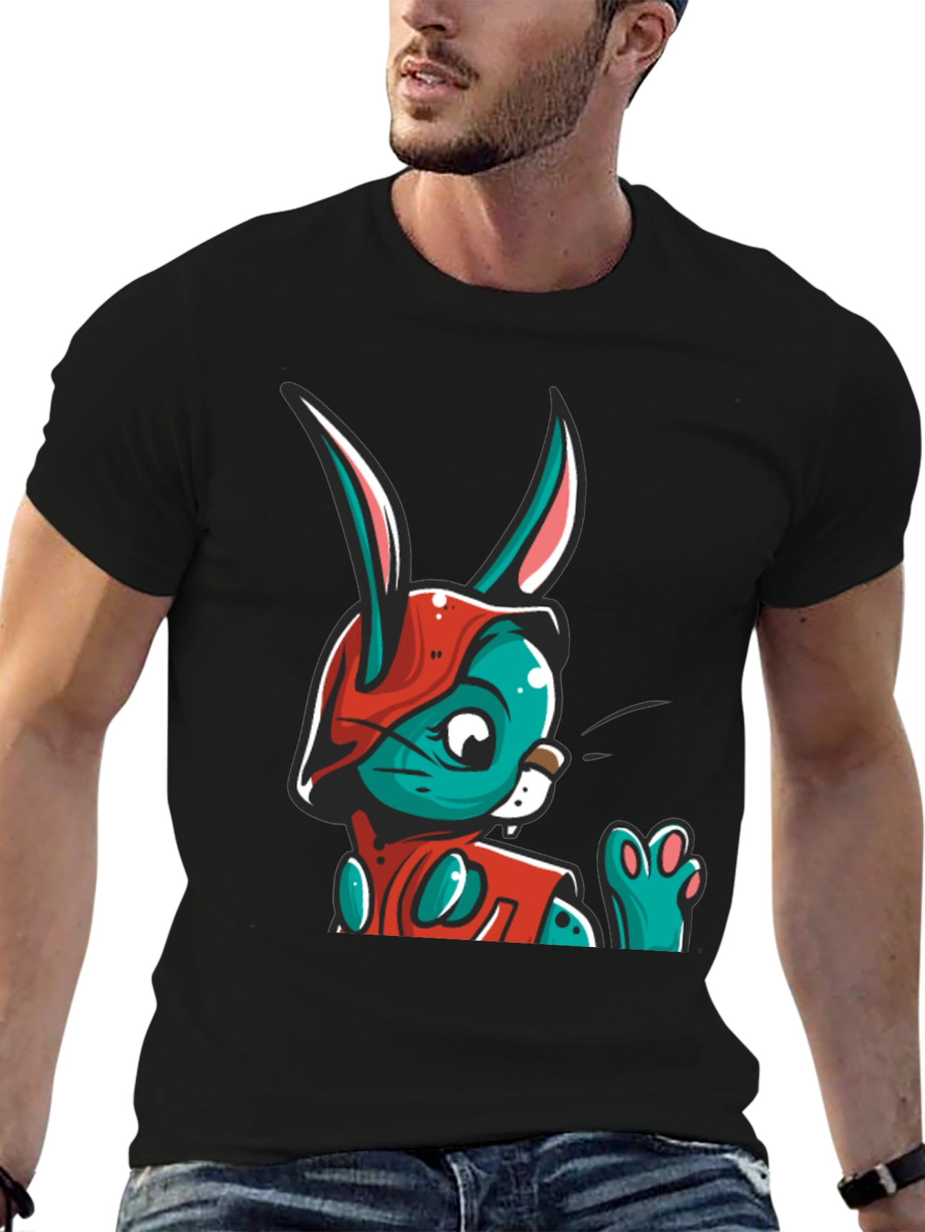 Cartoon Rabbit Graphic Tee - Black
