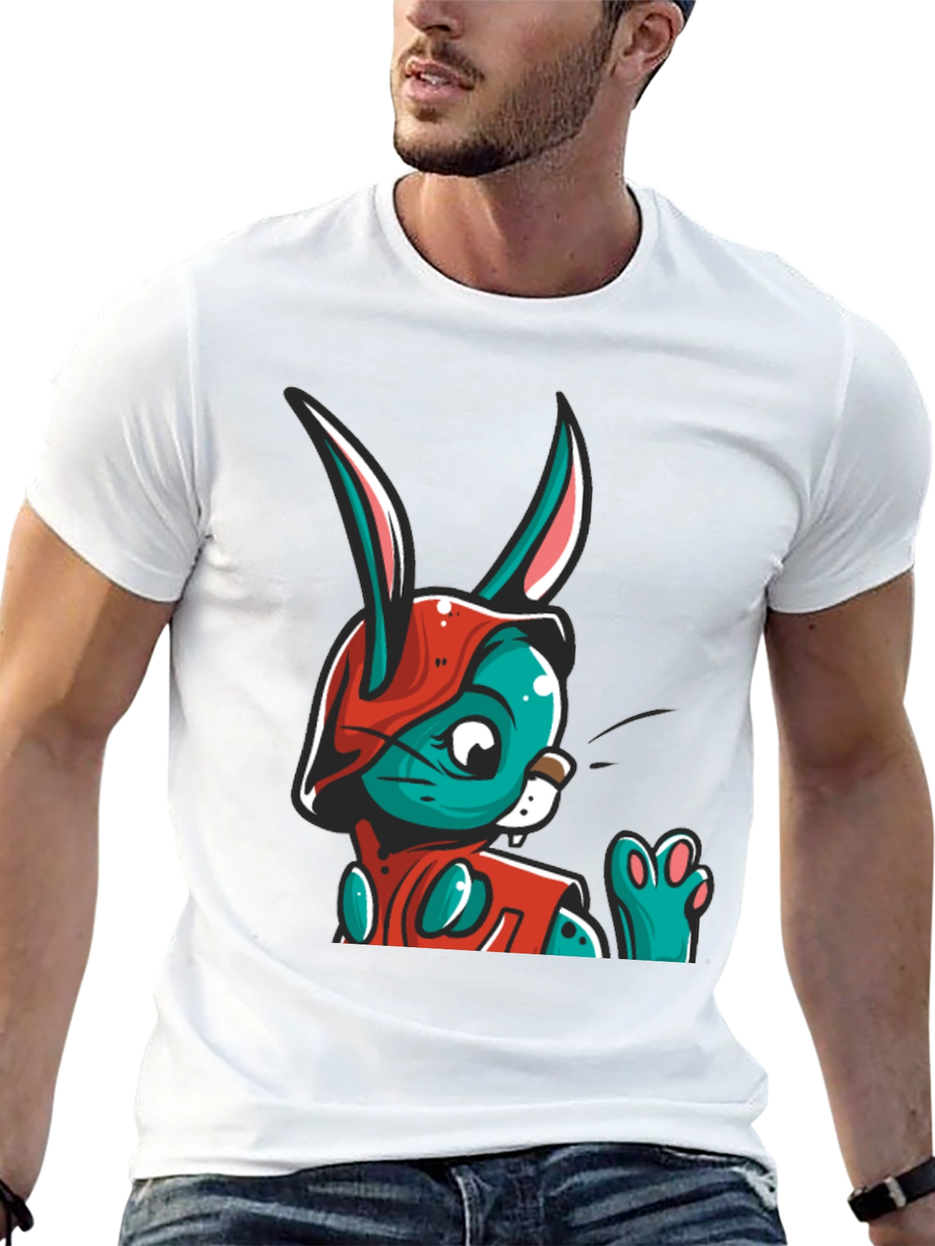 Cartoon Rabbit Graphic Tee - Black