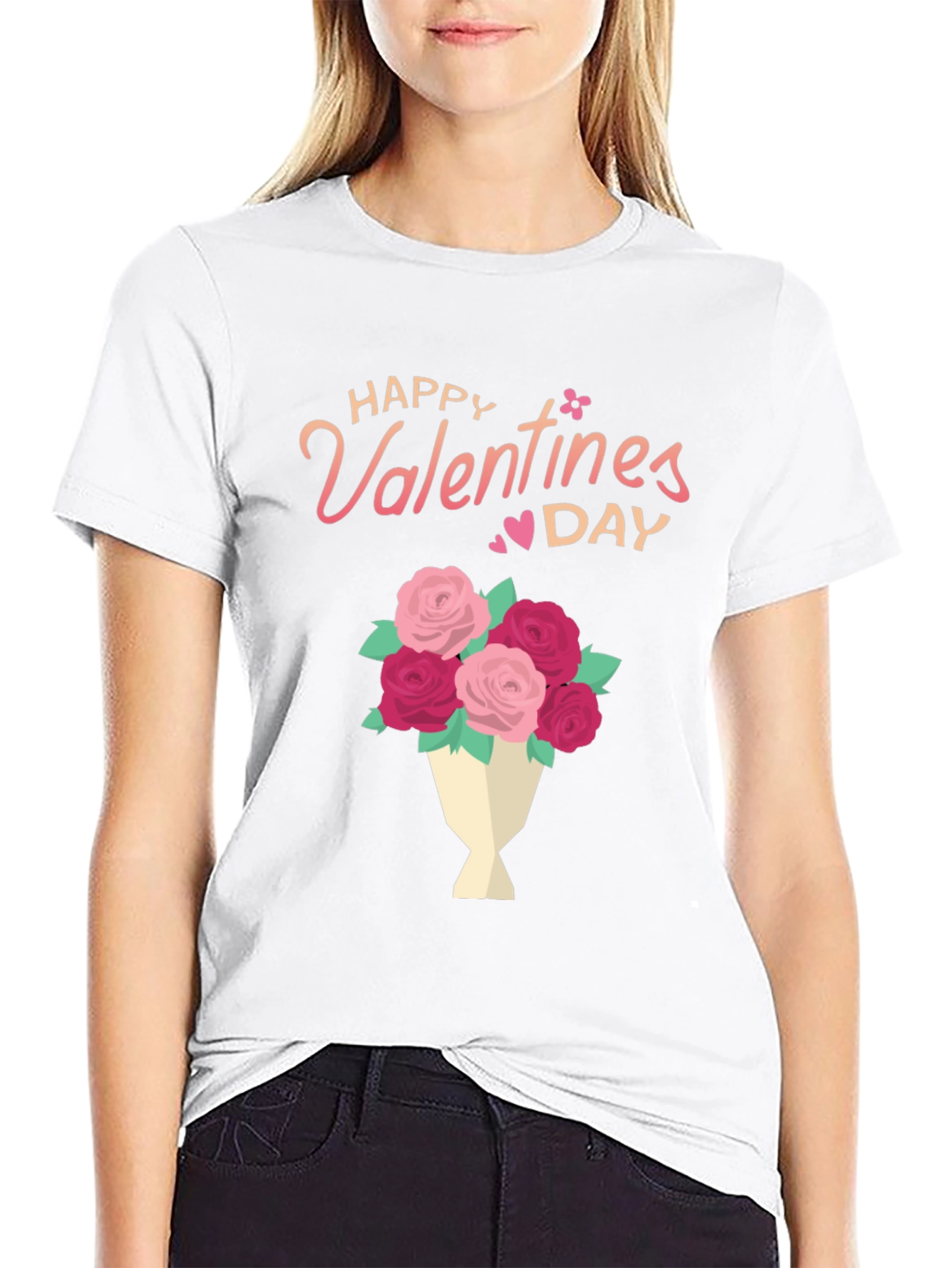 Happy Valentines Day Floral Bouquet Black T-Shirt