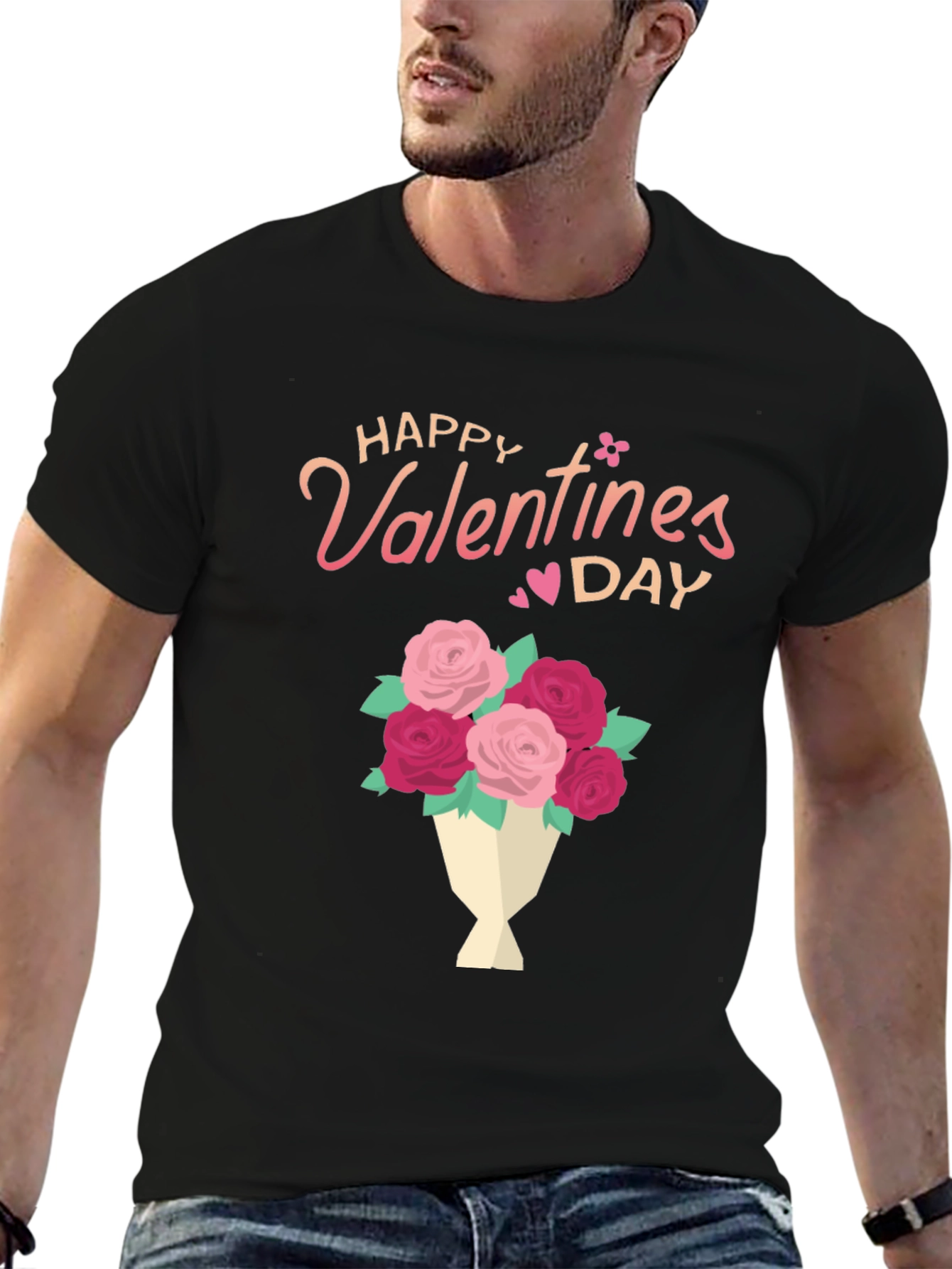 Happy Valentines Day Floral Bouquet Black T-Shirt