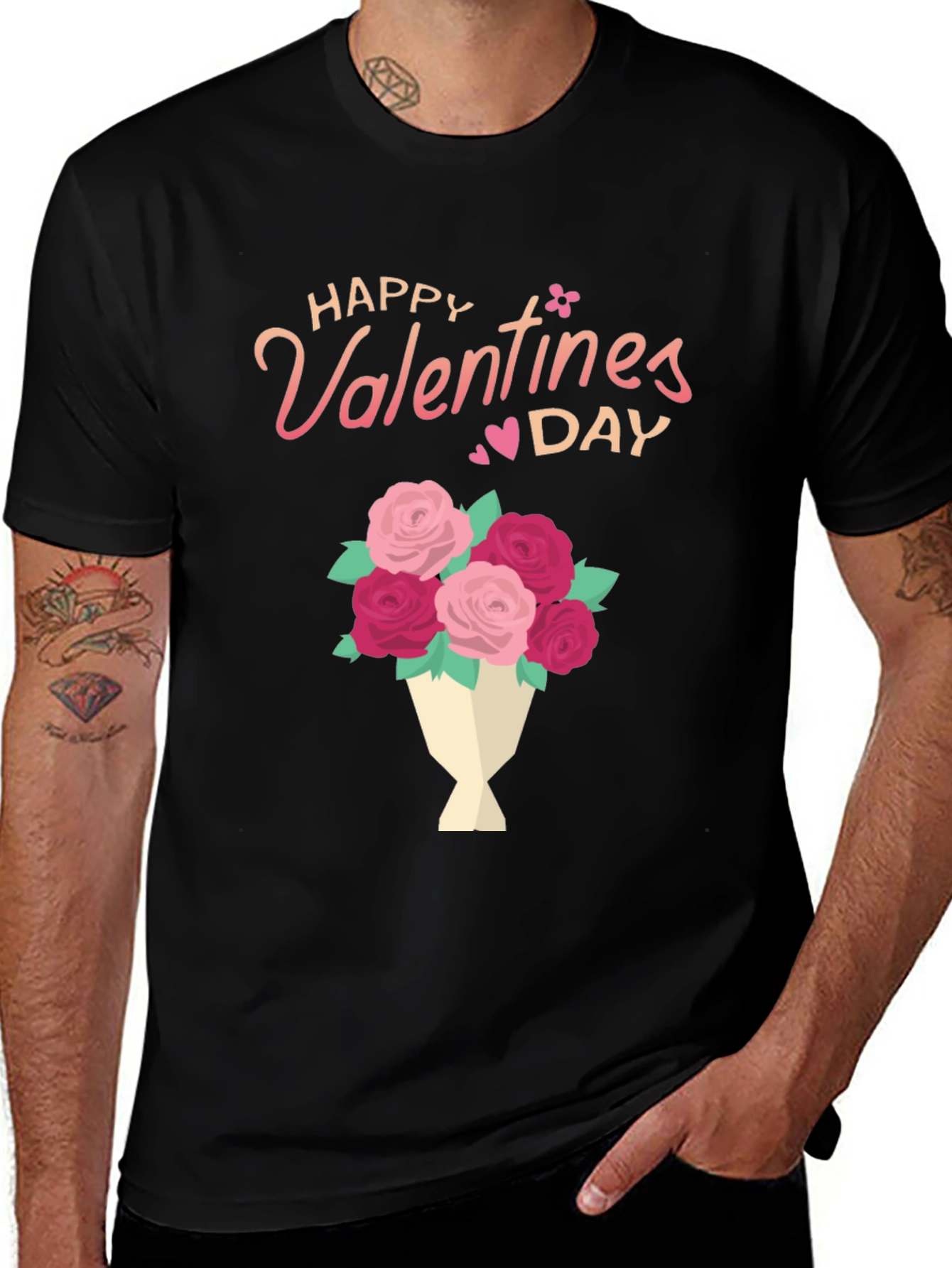 Happy Valentines Day Floral Bouquet Black T-Shirt