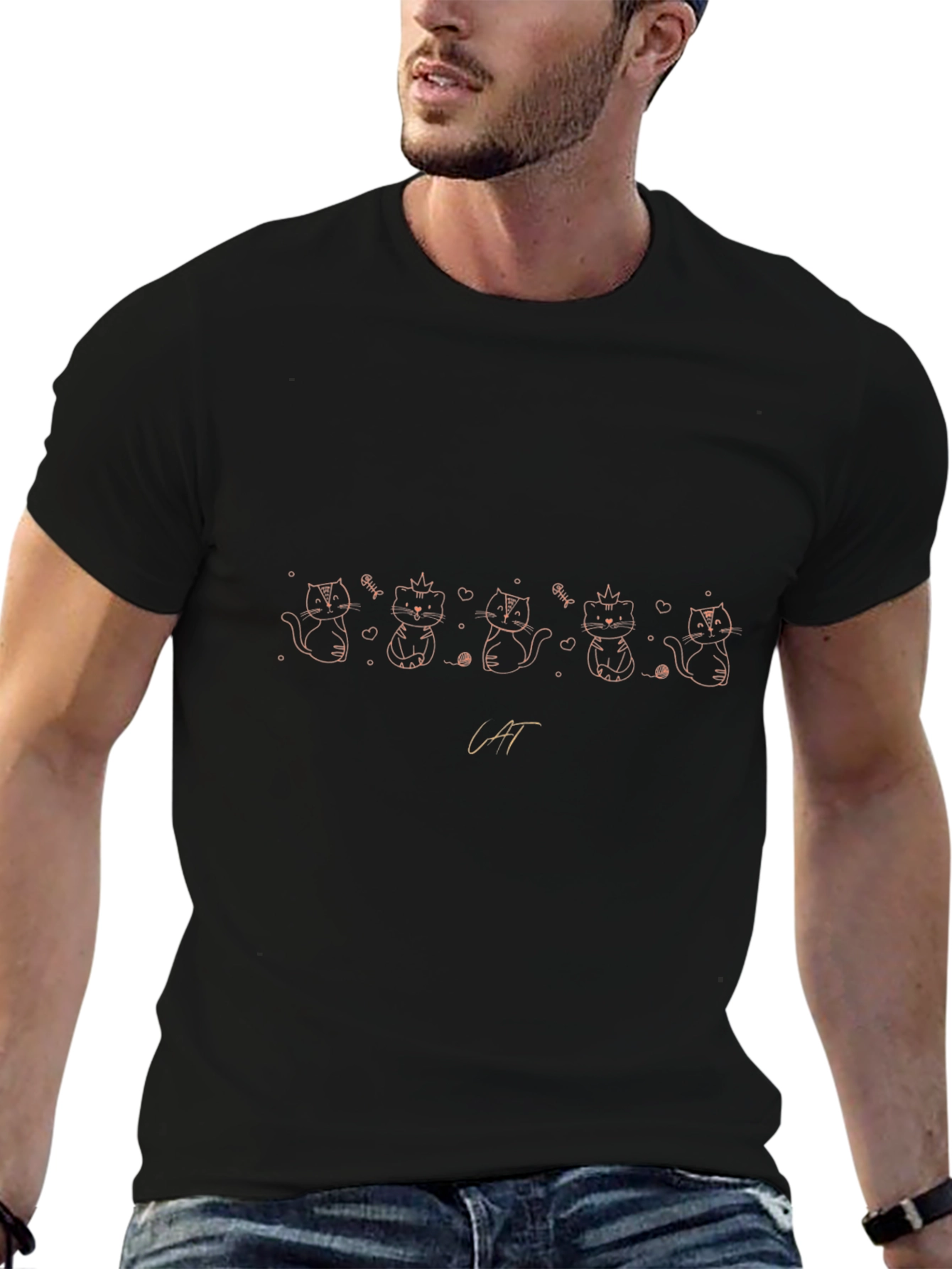 Cute Cat Line Art Black T-Shirt