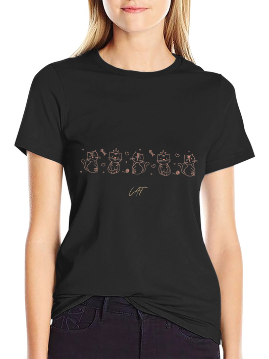Cute Cat Line Art Black T-Shirt