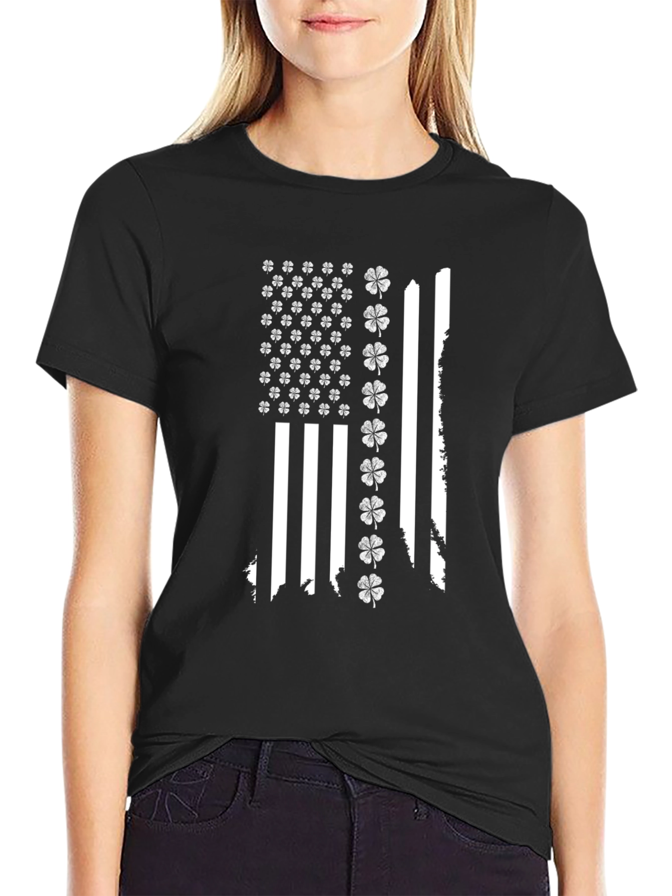 Shamrock American Flag Black T-Shirt
